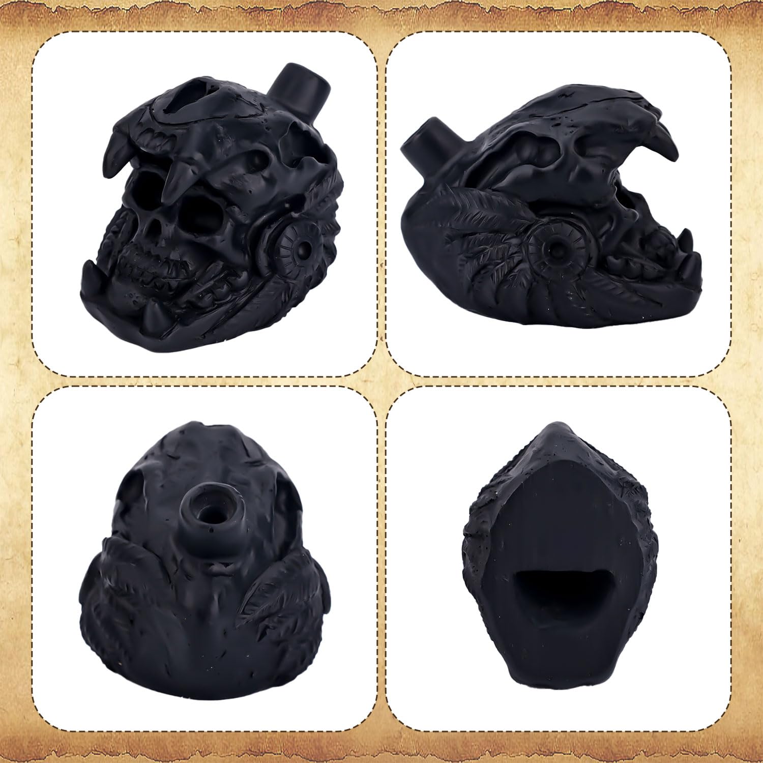 Silbato de la Muerte Azteca, Diseño de Calavera Quetzalcóatl Más 125 Decibeles Sonido Humano Auténtico Silbatos Guerra Gritos Reales Incluye Bolsa con Cordón Regalos Coleccionables (Negro)