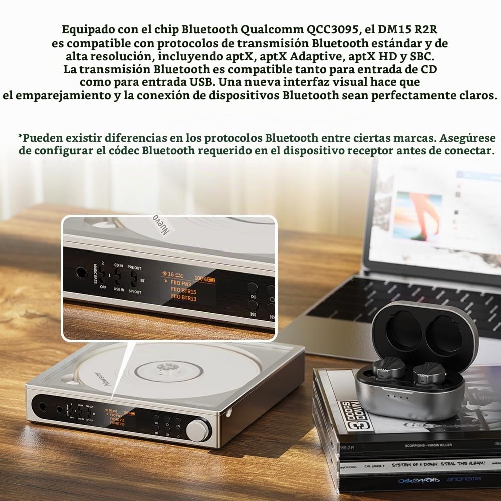 FiiO DM15 R2R – Reproductor de CD portátil, DAC USB de Alta fidelidad y transmisor Bluetooth 5.4, Pantalla HD, Salida 3.5mm y 4.4mm balanceada, batería 7h, Negro