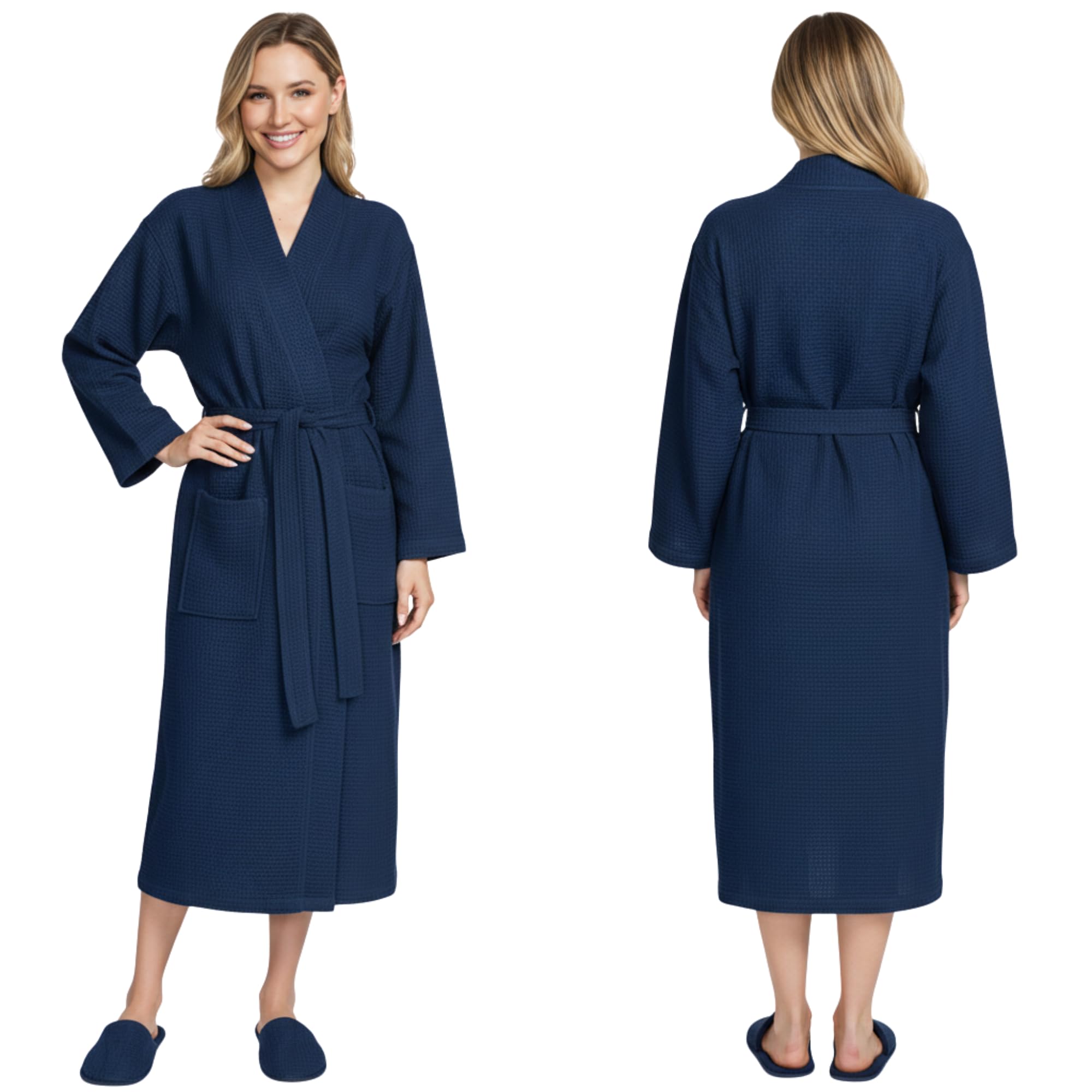 Lotus Linen Long Waffle Cotton Robes for Women – Monogram, Lightweight, Soft Kimono Spa Bathrobe with Pockets