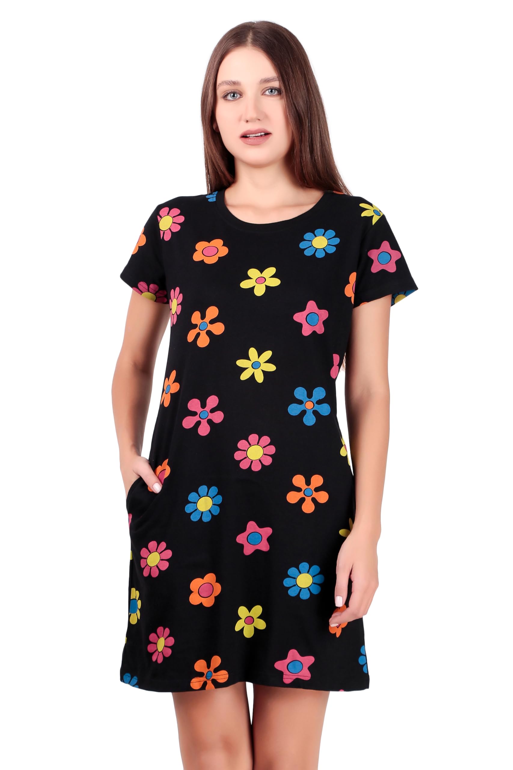 Women Cotton Long T-Shirt Dress in Knee Length with Side Pockets Include Plus Sizes (Size S -5XL)-image-7