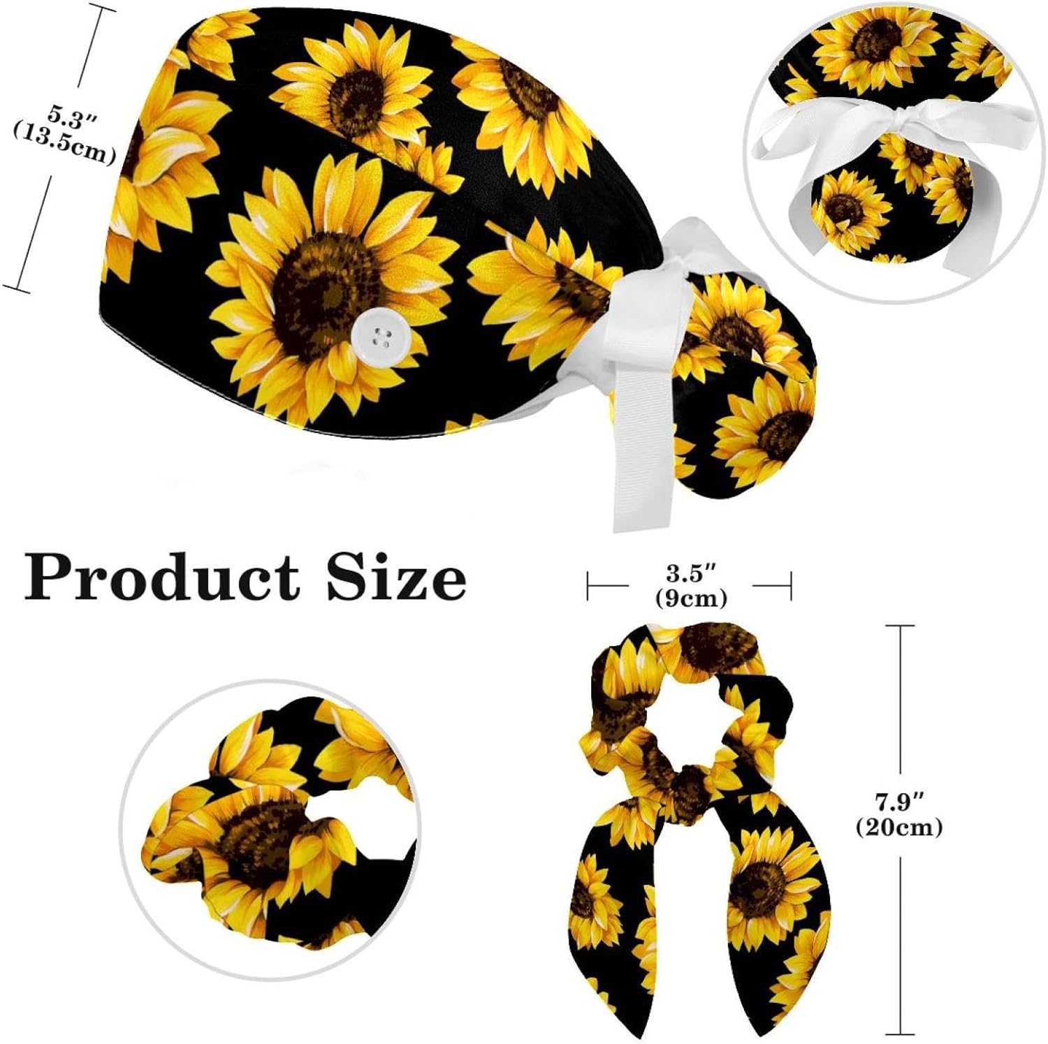 Adjustable Working Cap with Hair Ties Scrunchy with Ponytail Pocket Elastic Tie, Sunflower Black Pattern - Image 2