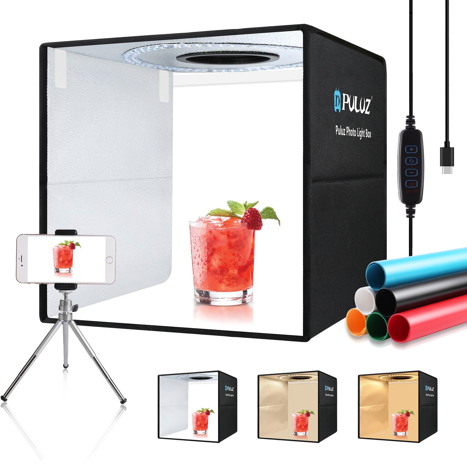 PULUZ 40cm/16 inch Photo Studio Light Box for Product Photography, Type-C Quick Charge Portable Lightbox Shooting Tent Kit with 3 Color Dimmable LED Lights & 6 PVC Backdrops