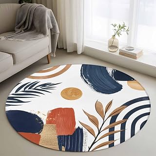 Round Area Rug 4ft, Bohemian Nordic Non-Slip Area Rugs for Living Room/Bedroom/Bathroom/Kitchen, Middle Century Abstract Palm Tree Washable Throw Floor Mat Indoor Outdoor Entrance Doormat