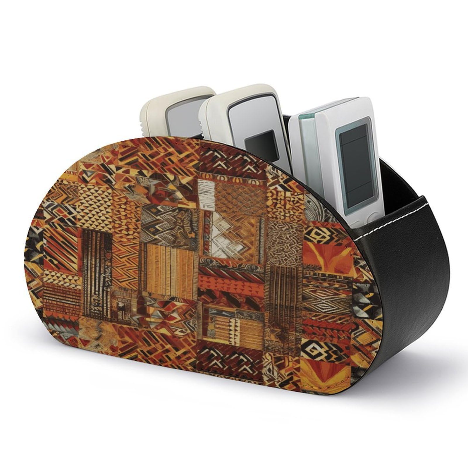VstaDank African Textile Patchwork Remote Control Holder with 5 Compartments TV Remote Caddy/Box PU Leather Multi-functional Office Desk Storage Box Bedside Table Desk Storage Organizer