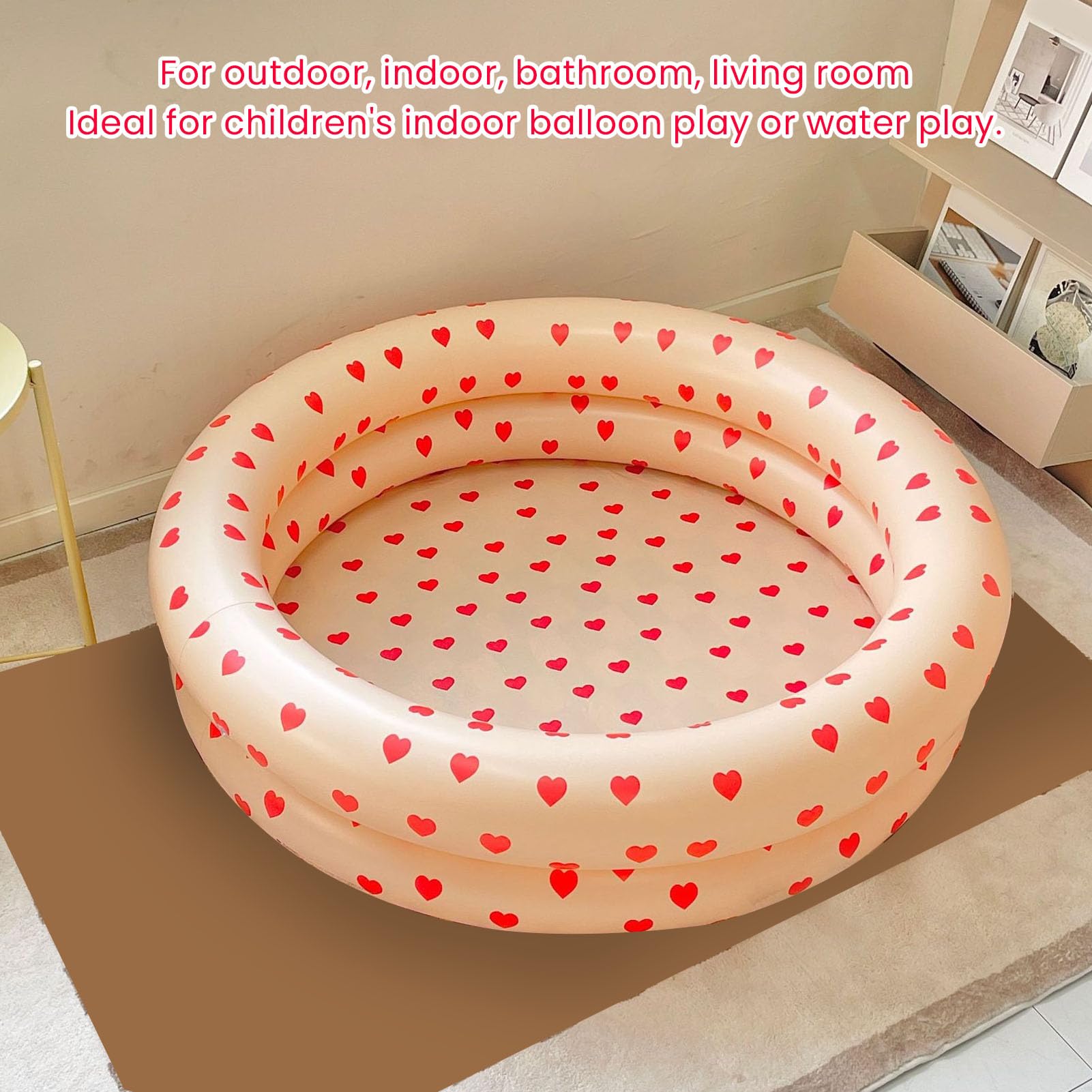 Round Inflatable Swimming Pool Vintage Heart Pattern Thicken Kids Paddling Pool for Indoor Pink Inflatable Swimming Pool Baby Vintage Pink Pool Thickened Home Ocean Ball Pool - Image 3