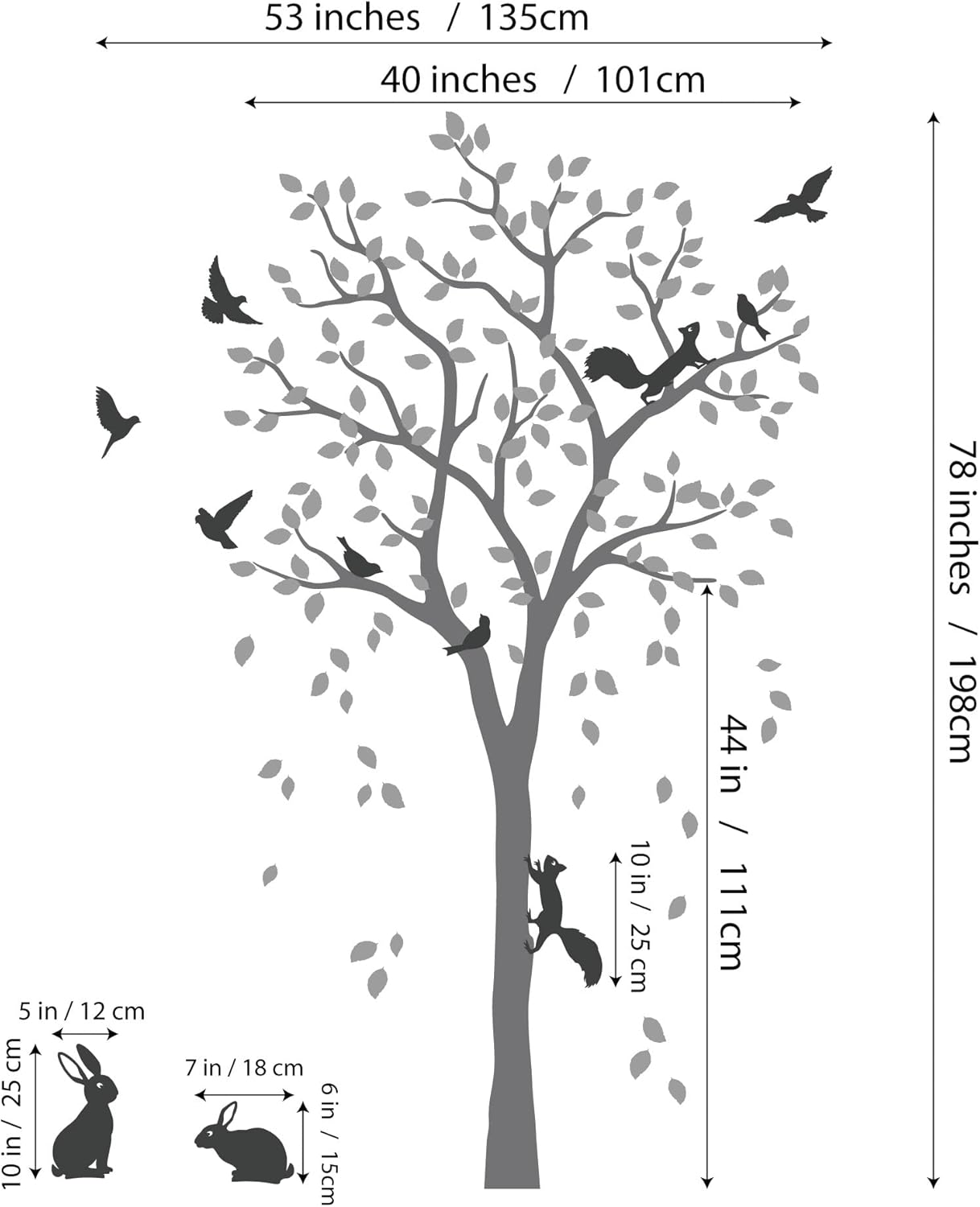 Large Tree Wall Decal Sticker with Birds, Squirrels and Rabbits Bunnies Nursery Mural Decoration 095 (Black, White)