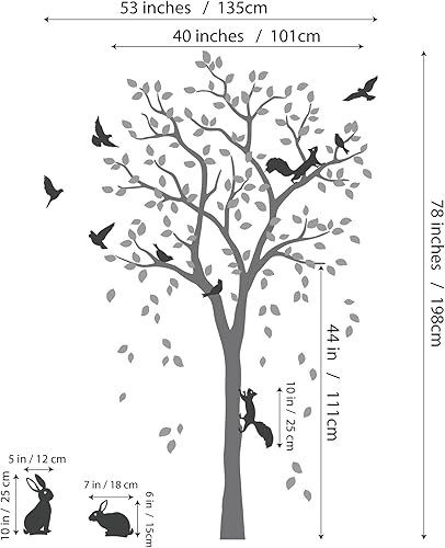 Miniatura 2 de Adhesivo decorativo para pared de árbol grande con pájaros, ardillas y conejos, conejos, decoración mural de guardería 095 (negro, blanco)
