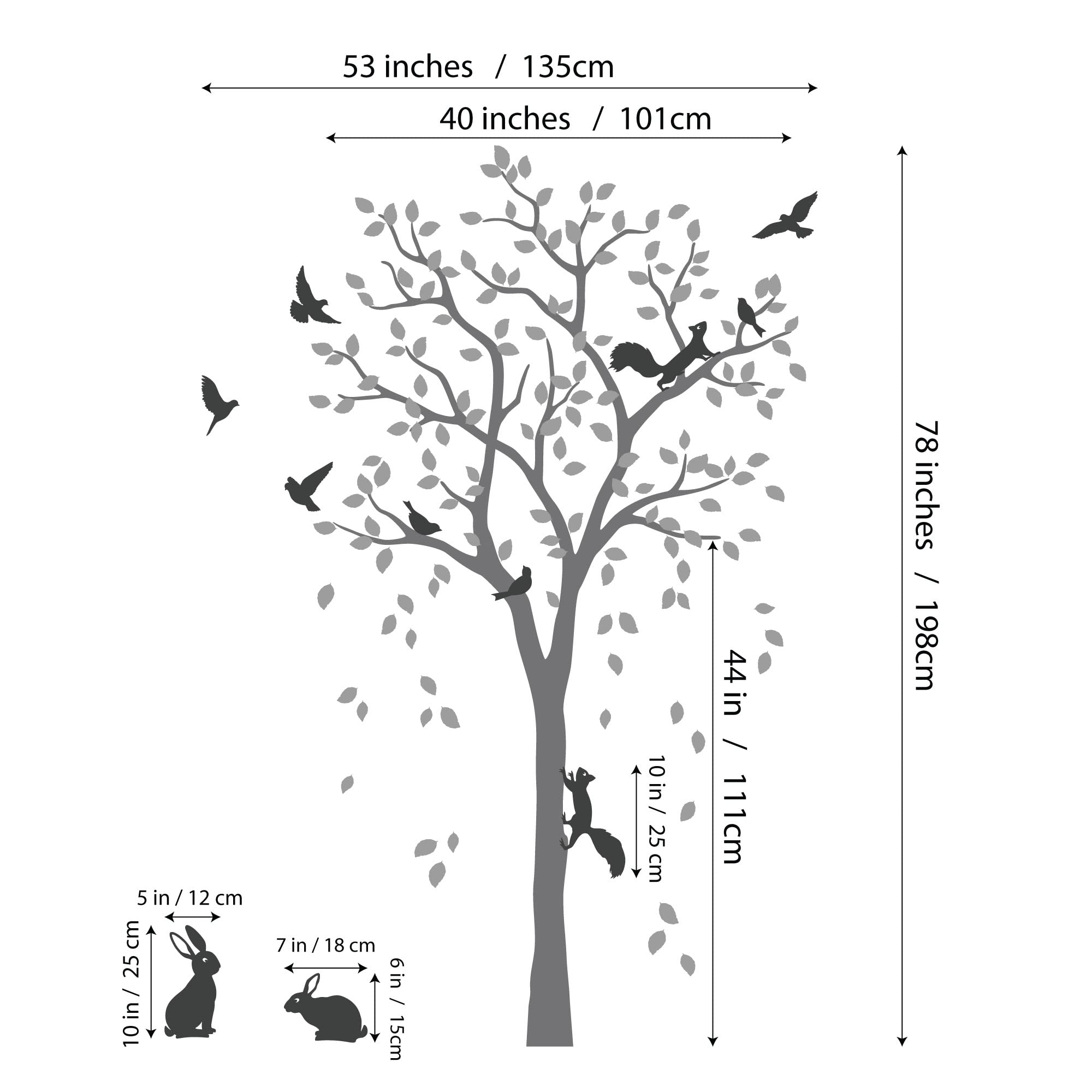 Adesivo murale albero grande con uccelli, scoiattoli e conigli, coniglietti Decorazione murale vivaio 095 (Nero, Blu Ghiaccio, Grigio Scuro)