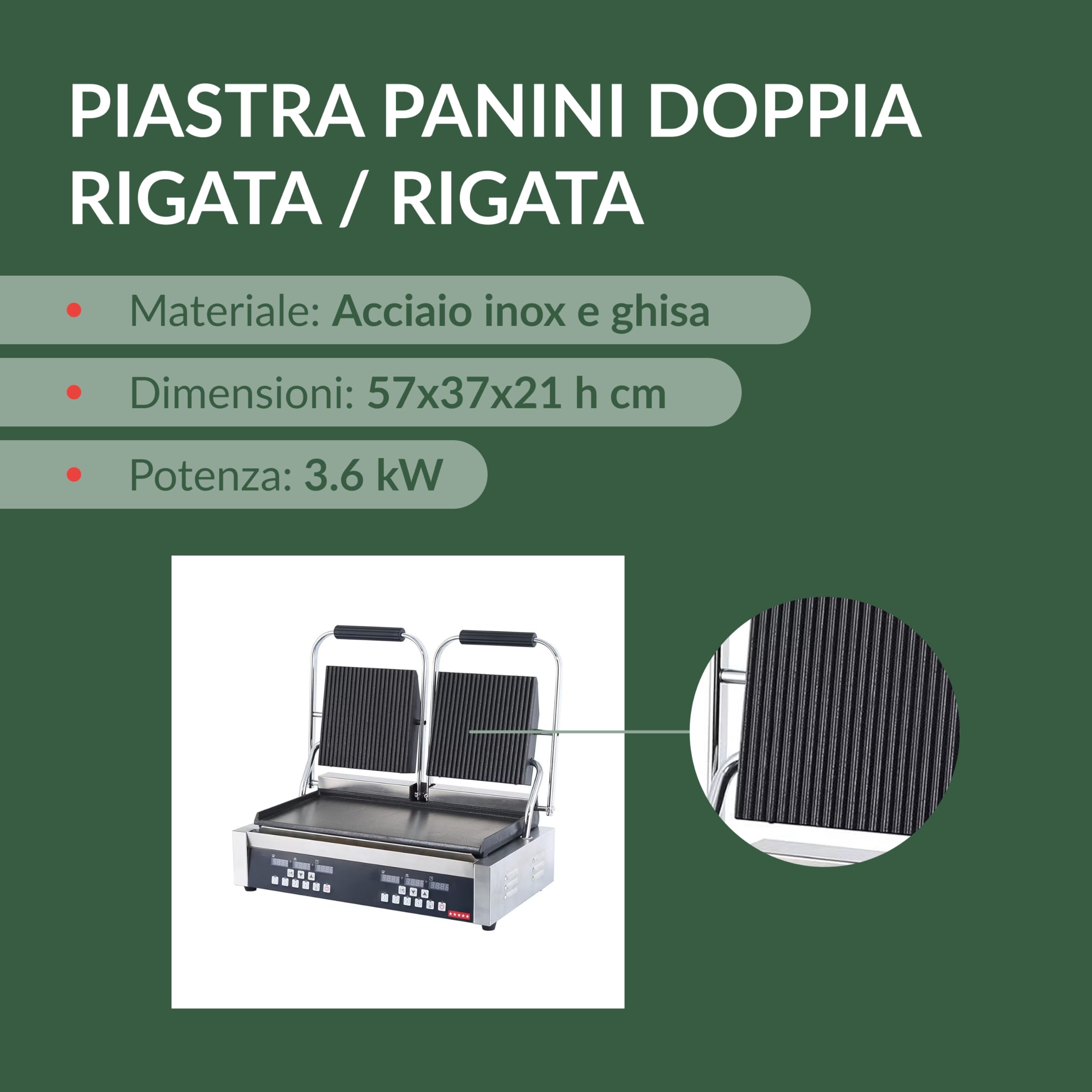 Ristoattrezzature - Piastra Panini Digitale Doppia - Rigata/Liscia - Griglia Professionale per Ristoranti e Bar - 57x37x21 cm - 3.6 kw