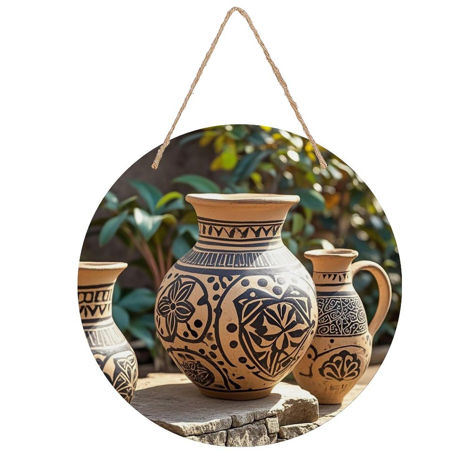 FekiLoot Africa Ethnic Pottery Wall Art Decor Rustic Welcome Sign Round Wood Hanging Sign Decoration Wood Plaque Door Hanger Wooden Signs Wall Hanging Decor Housewarming Gift for Home Outdoor Indoor