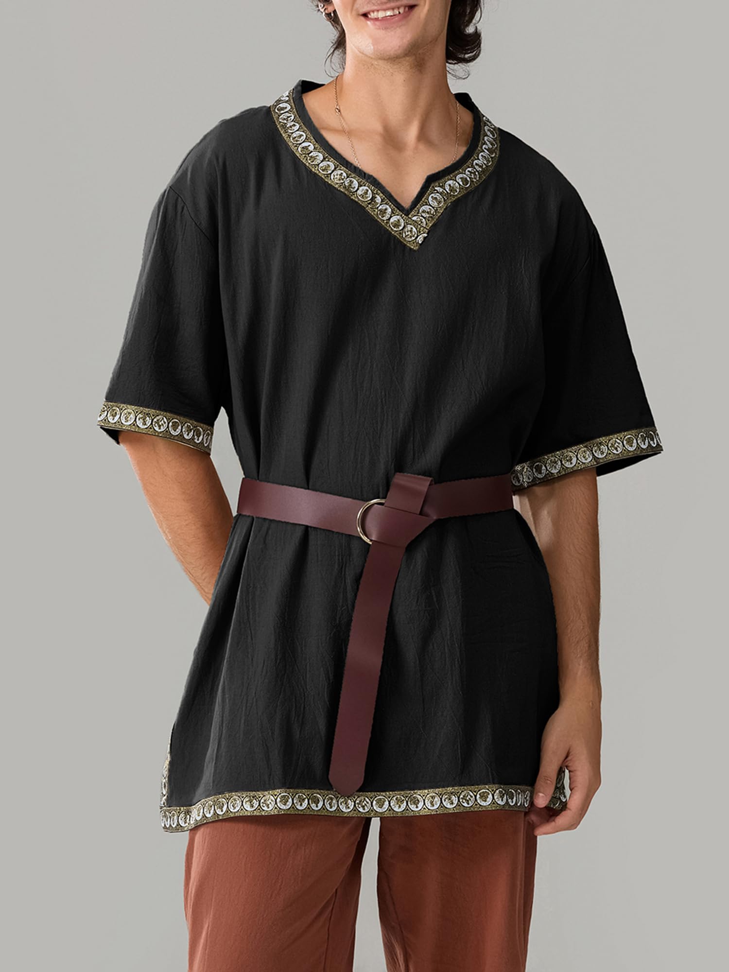 Springcmy Men Medieval Costume Renaissance Templar Tunic Viking Knight Pirate Vintage Warrior Halloween Cosplay Party Tops (Black, XL) - Image 2