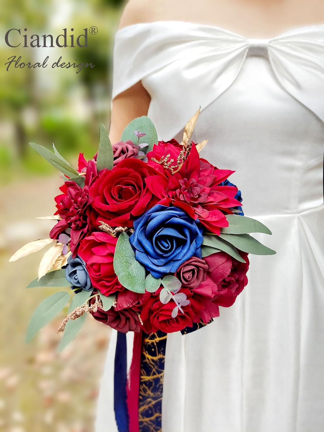 Ciandid Wedding Bridal Bouquet, Marsala & Navy Blue Roses with Lace Ribbons Tossing Bouquet for Bride French Rustic Artificial Bouquet for Fall Wedding Ceremony Anniversary Bunch Decorations