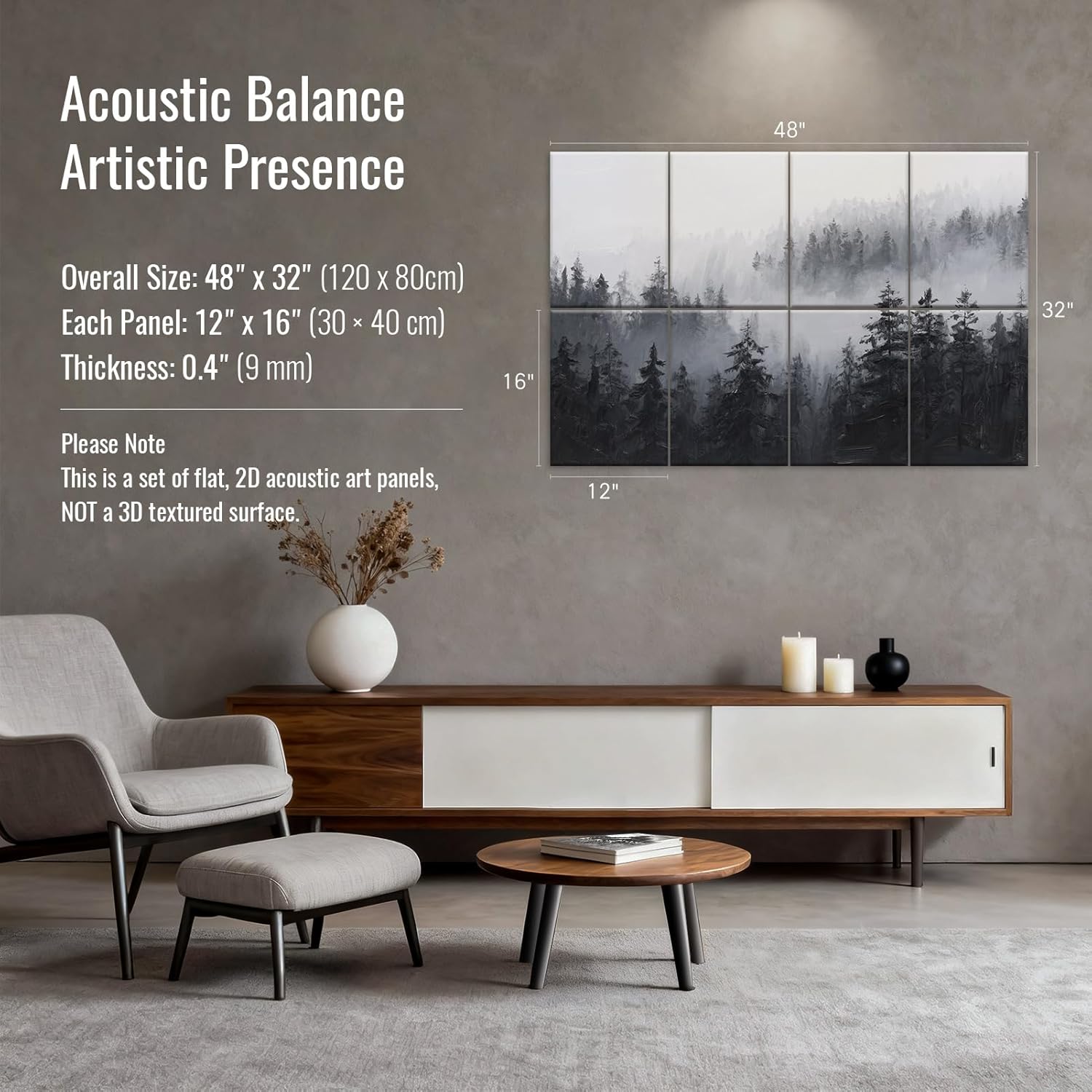 8 Pack Art Acoustic Panels, Decorative Wall Panels, 47.2"x31.4" Self-Adhesive Sound Absorbing Panels for Home, Office, Recording Studio (Misty Forest)