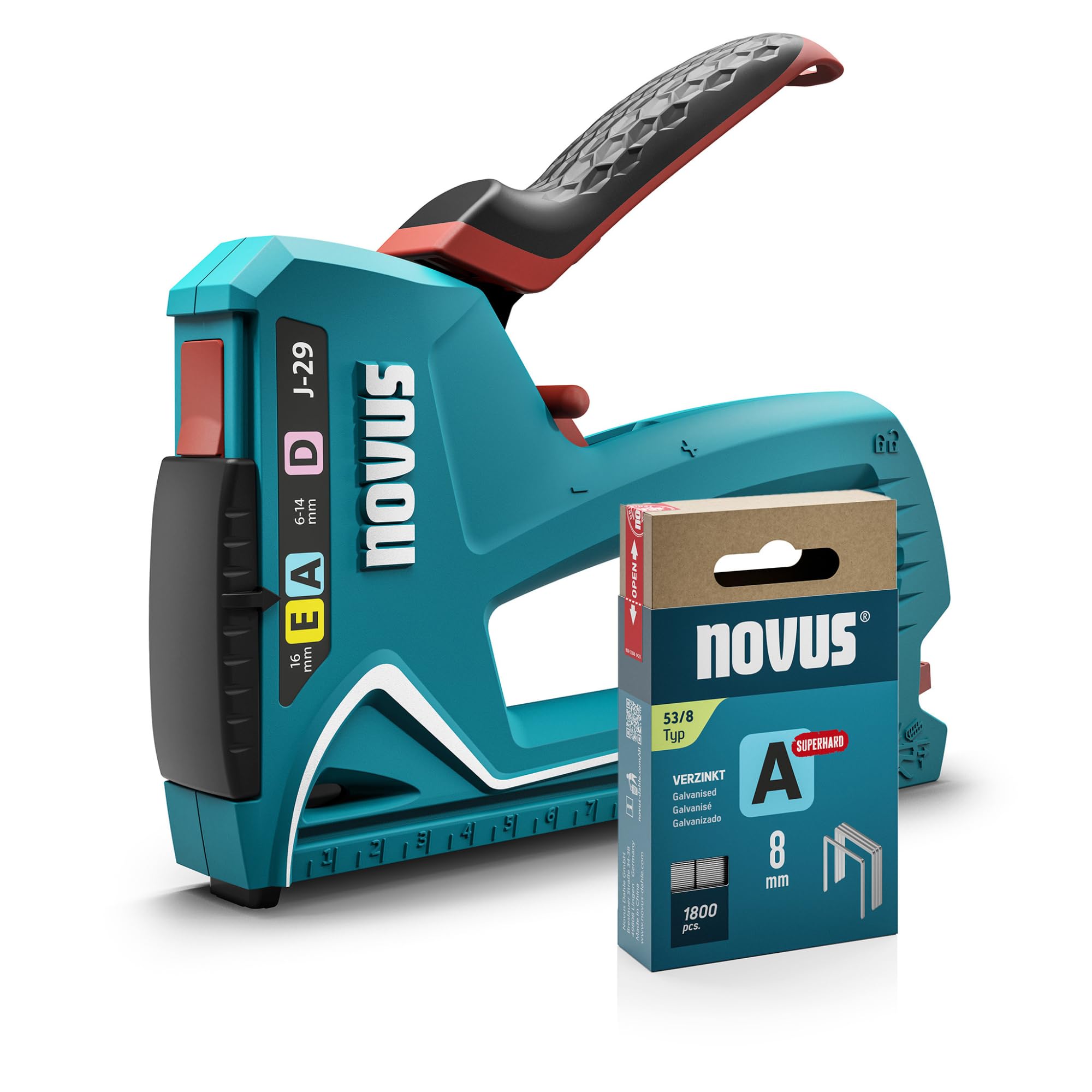 Novus ToolsHand Stapler J-29 Set of 1800 Staples │ 3-in-1 Professional Stapler for Wood with Metal Housing and Impact Force Adjustment │ For Fine Wire and Flat Wire Staples 6-14 mm and Nails 16 mm
