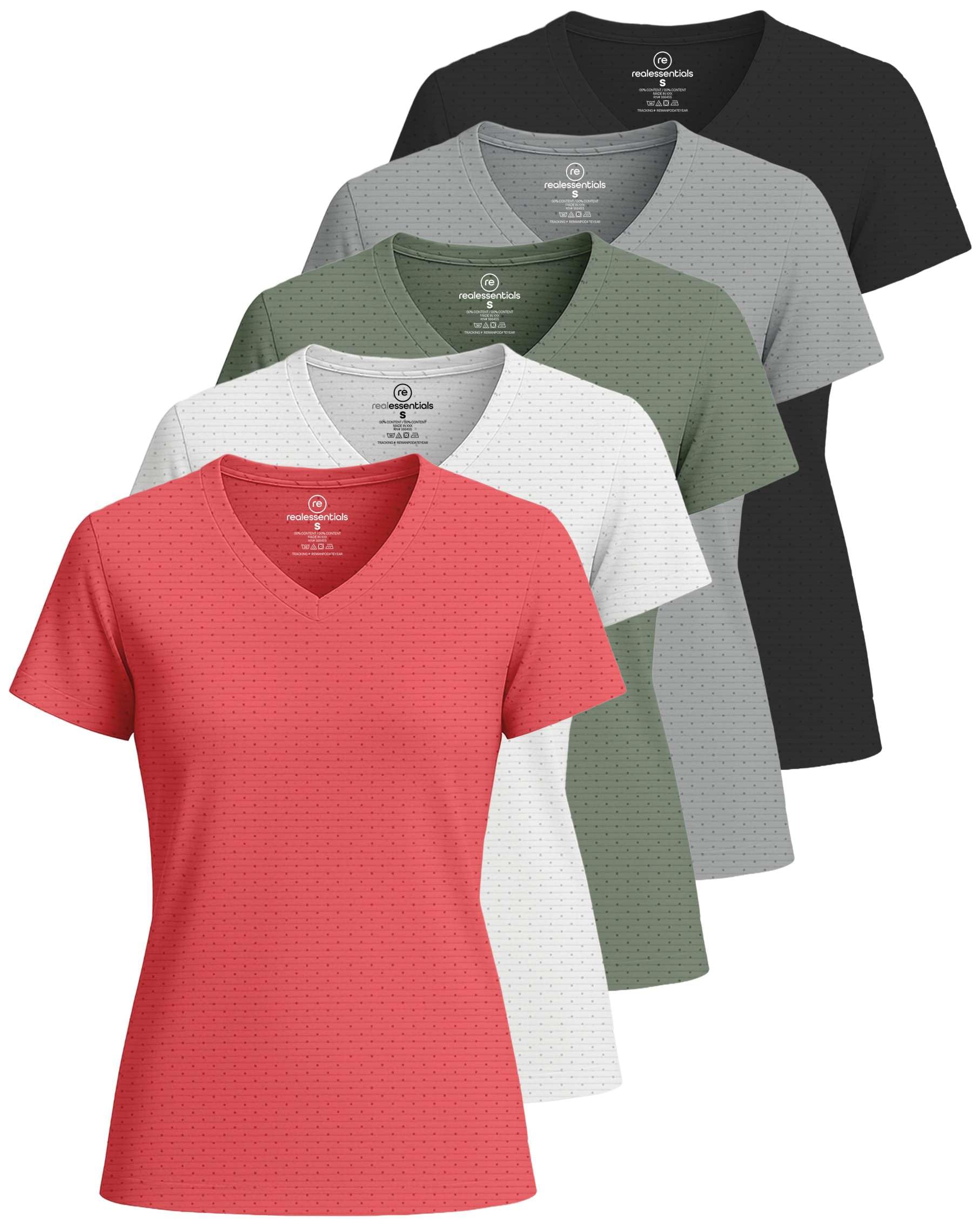 Real Essentials 5 Pack: Women's Short Sleeve Breeze Tech V-Neck T Shirt –Workout Top Wicking Dry Fit Athletic Tee (Plus)