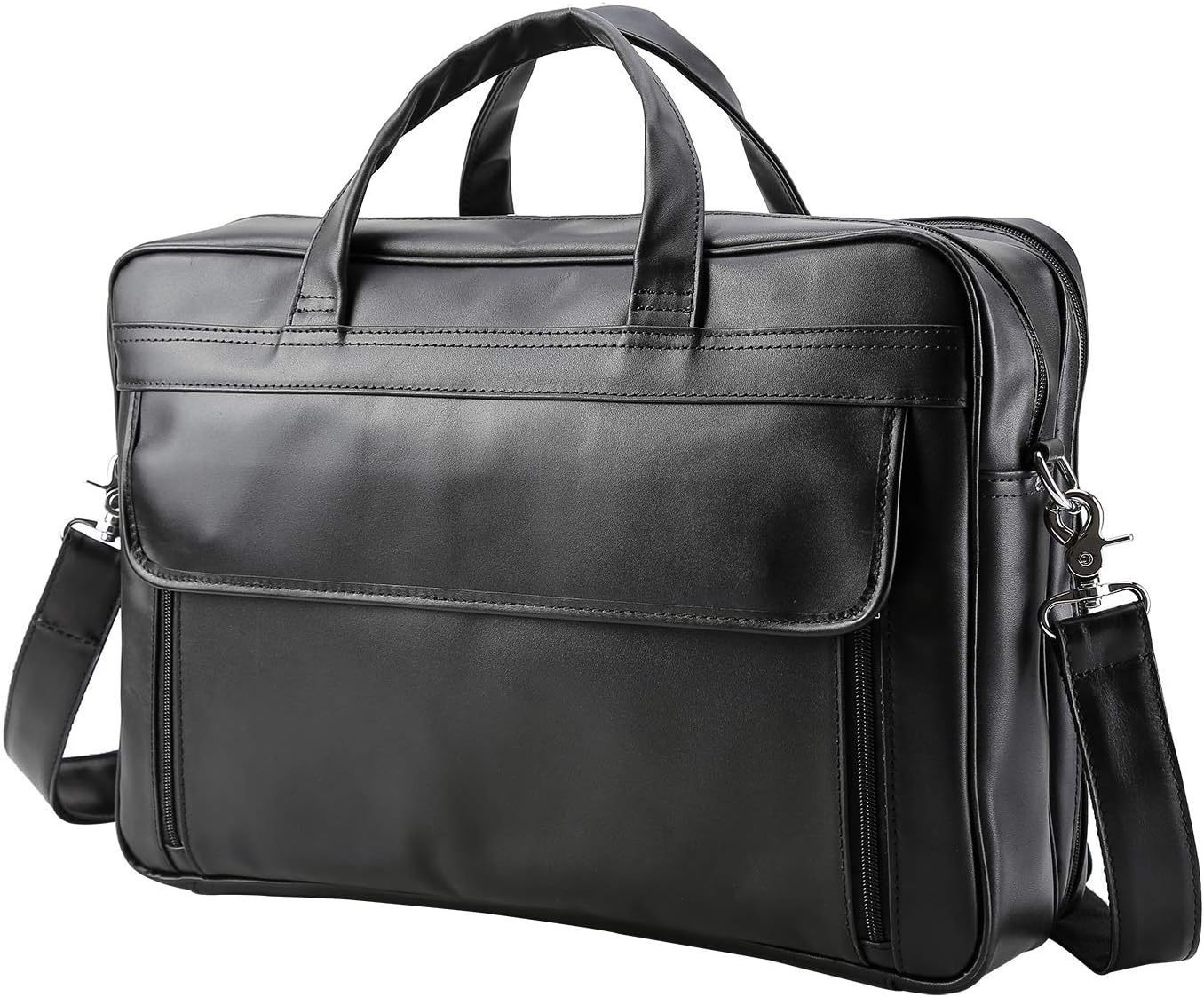 Men's Solid Full Grain Cowhide Leather Large 17 Inch Laptop Briefcase Business Travel Messenger Bag Tote (Black)