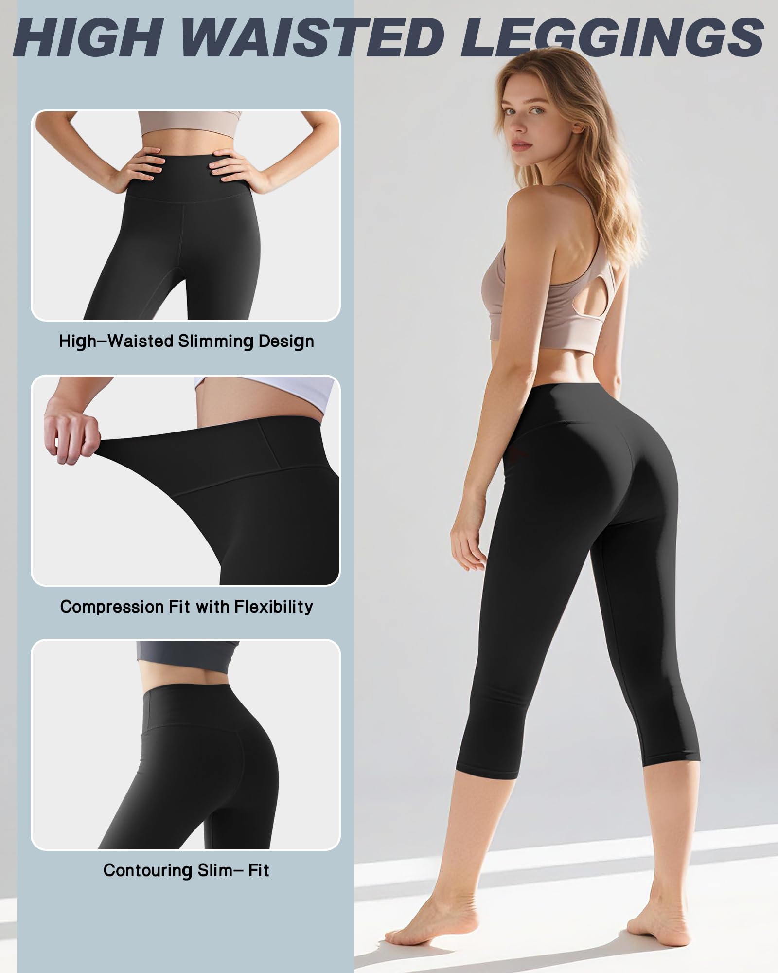 Coume Lot de 5 leggings capri taille haute pour femme - Legging d'entraînement plat - Pantalon de yoga extensible pour course à pied, cyclisme