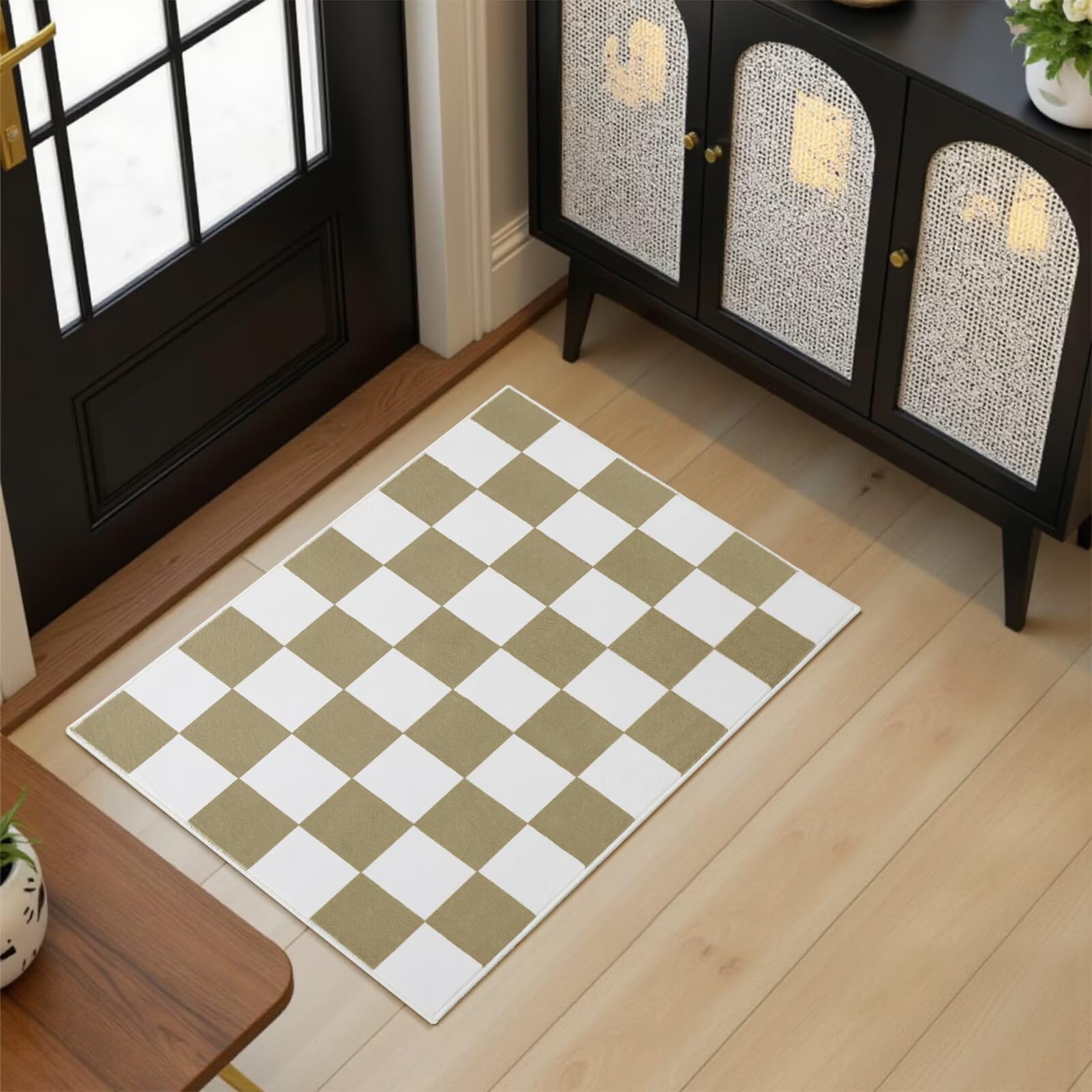 Terrug Beige and White Checkered Rug for Entryway,2x3 Small Area Rugs Washable with Non Slip for Kitchen,Soft Low Pile Retro Carpet for Bedroom Front