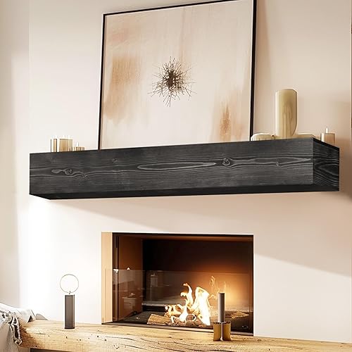 YLYHSST Fireplace Mantel, 6'' Thick Wall Decor Long Floating Shelf, 48inch Rustic Wood Shelf with Invisible Brackets, Black