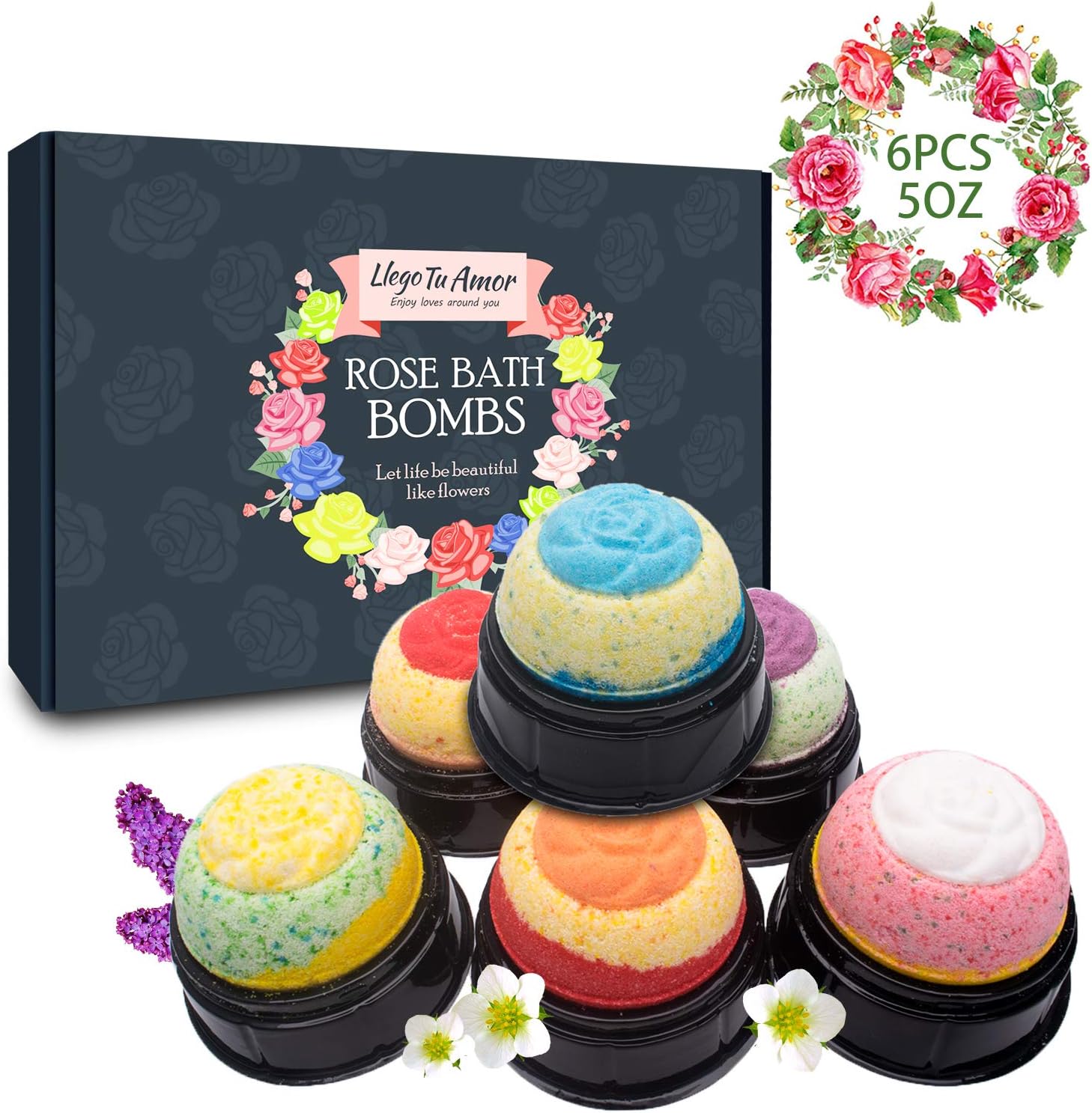 6 Large 5 Ounce Bubble Bath Bombs with 3D Flower Design & Individual Packing Gift Set, Rich in Natural Rose Essential, Idea for Women, Man, Girls