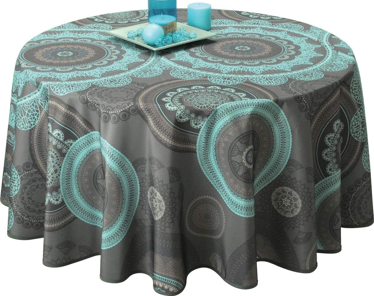 Le linge de Jules - Anti-Stain Tablecloth Mandala Turquoise - size : Ovale 150x240 cm