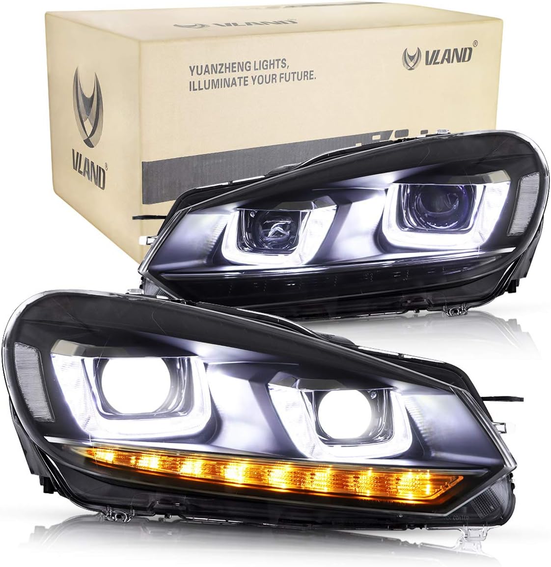 VLAND Headlights and Tail Lights for V-W Golf 6 Golf MK6 VI TSI 2008-2013 (only fit for haolgen version,not for GTI/R),With Sequential Turn Signal (Headlights)
