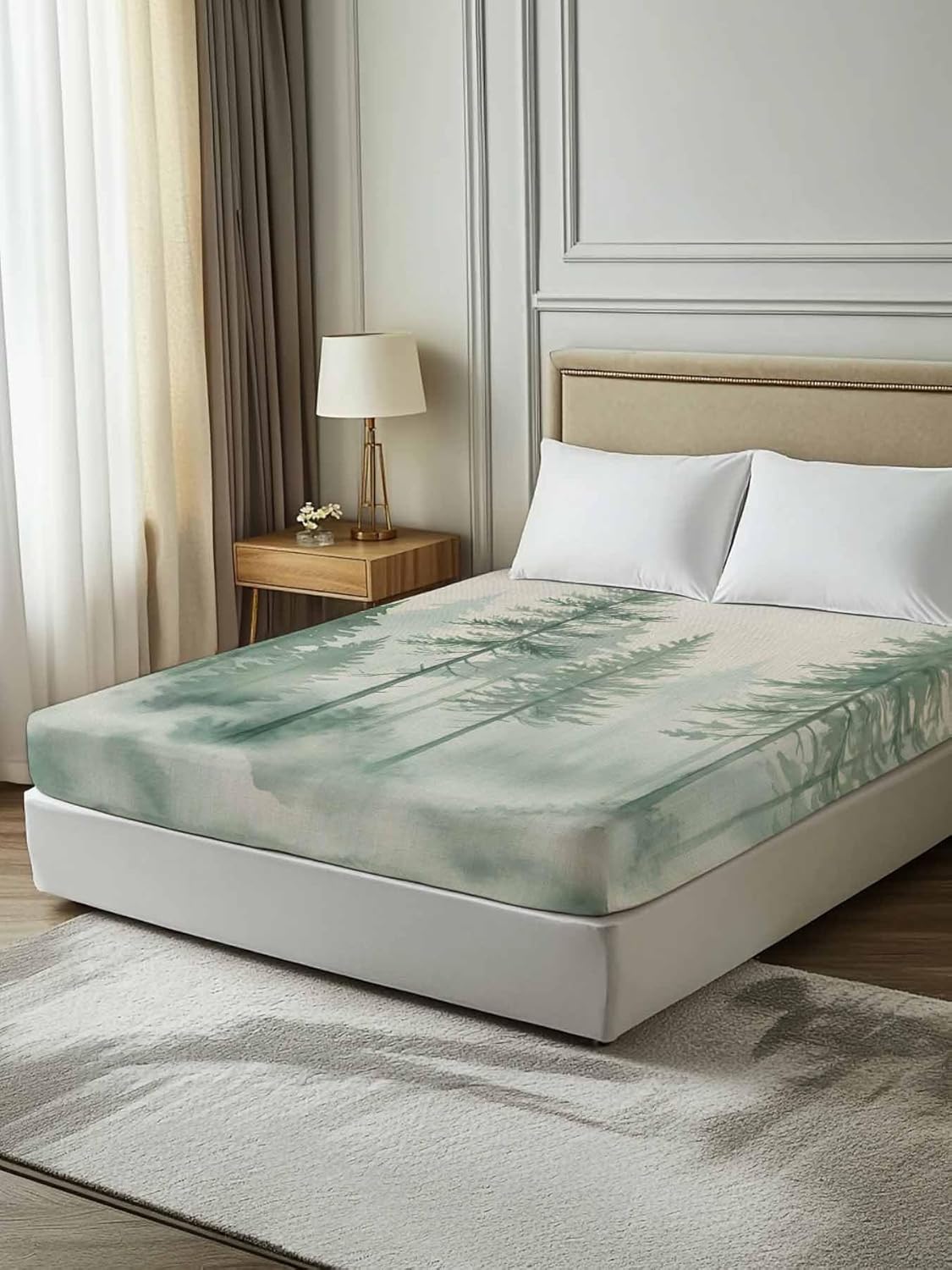 Top Sheet Full Bedding Flat Sheet Only, Watercolor Green Tree Retro Linen Microfiber Bed Sheets Soft Breathable Bedding Flat Sheets, Mist Forest Plant Hotel Luxury Top Sheets