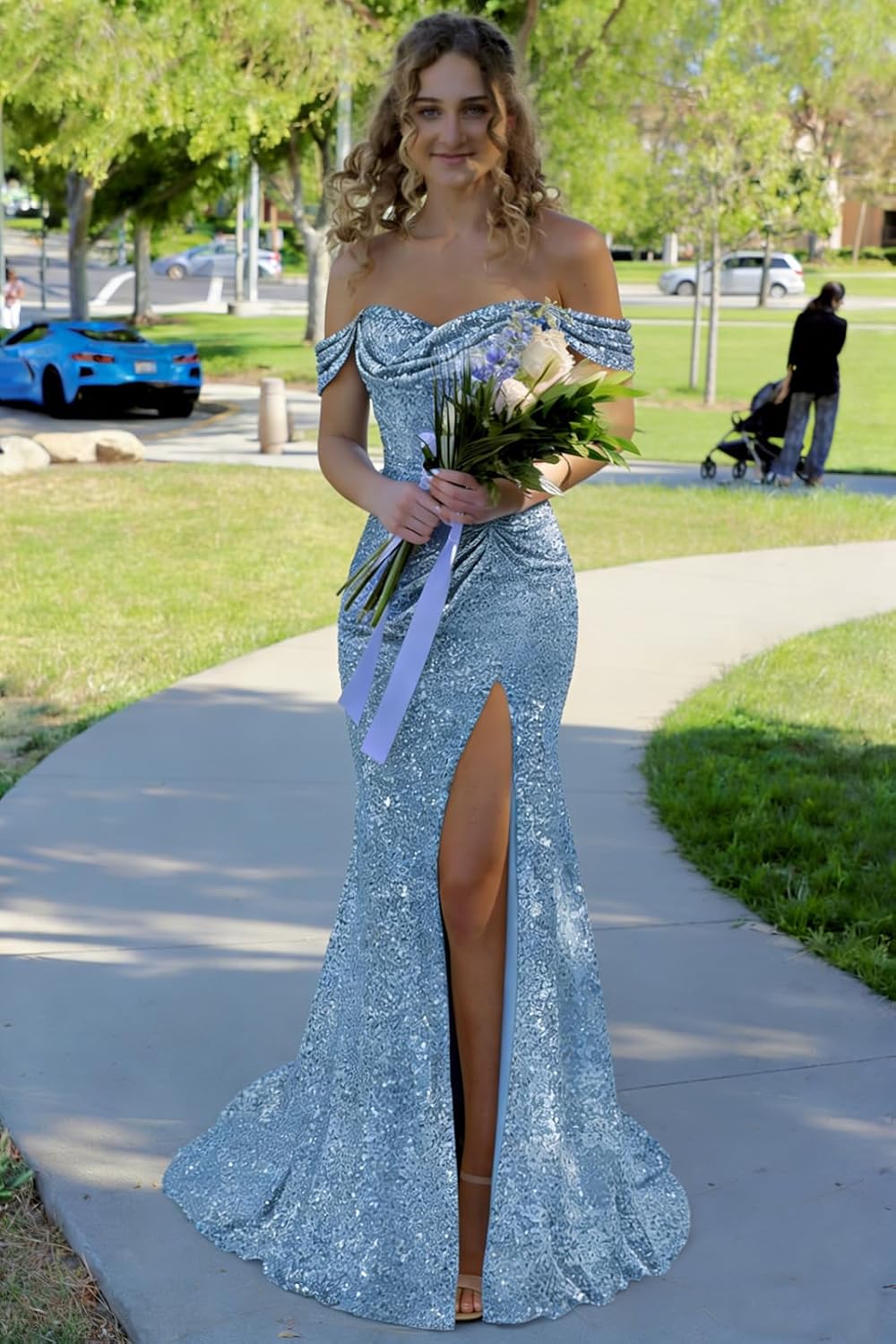 Off Shoulder Sequin Prom Dress with Slit Sparkly Mermaid Ball Gown Pleated Corset Long Formal Evening Dresses