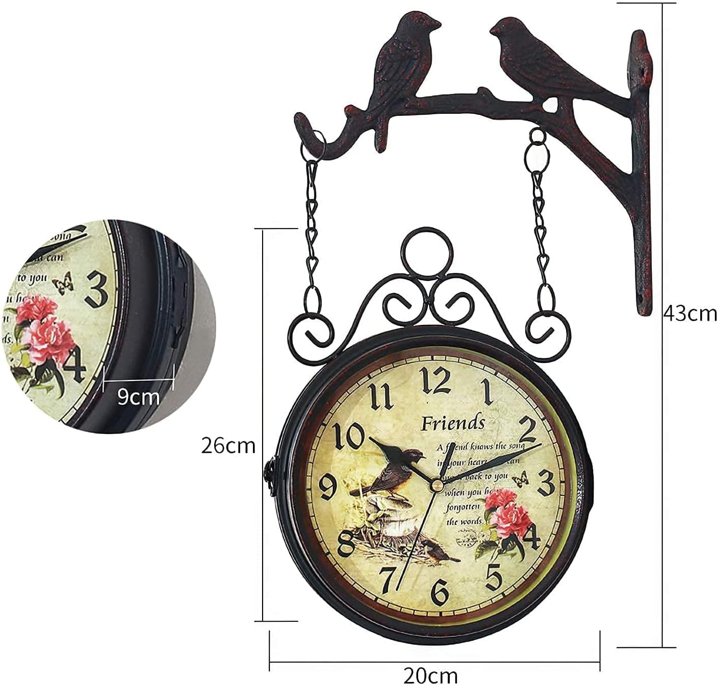 Double-Sided Wall Clock, Garden Clock with Waterproof Cover, Retro Iron Wall Bracket Clock, Outdoor Clock, Suitable for Indoor