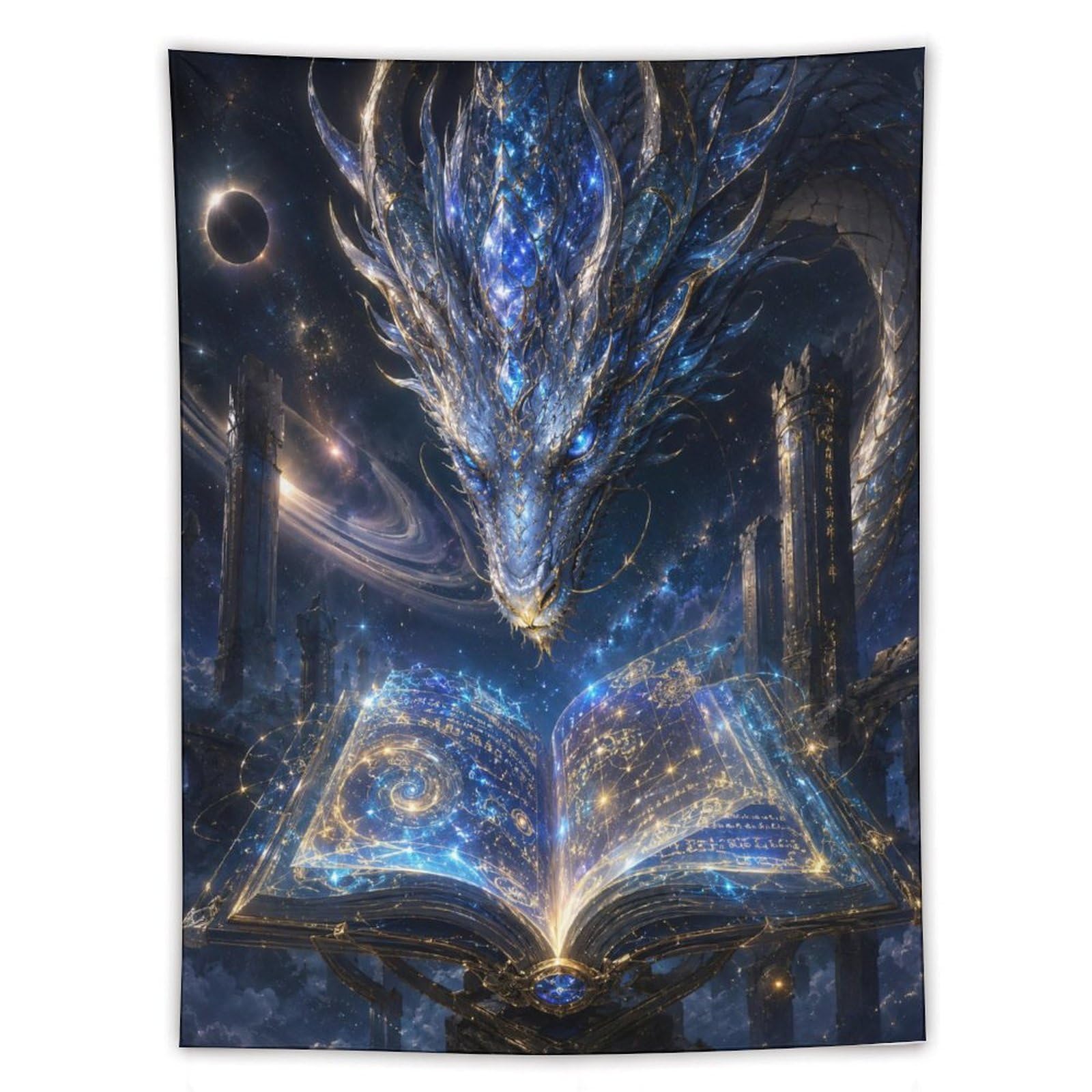 W7C8U2X3 Blue Dragon Magic Book Wall Tapestry, Surrealist Style, Apartment