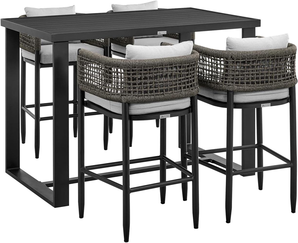 Armen Living Alegria Outdoor 5-Piece Aluminum & Rope Bar Set in Gray