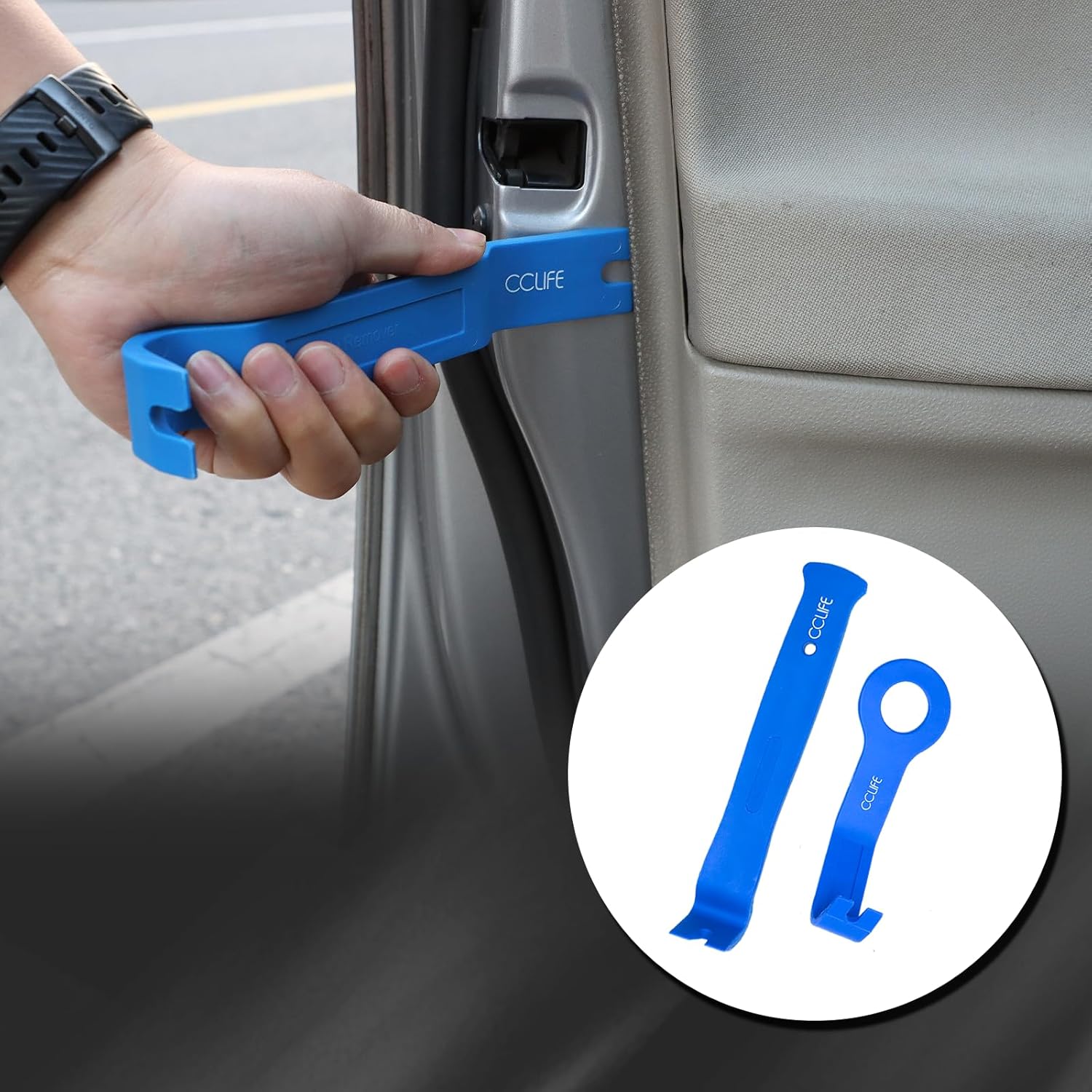 Image depicting a user utilizing a wide plastic pry tool to remove a door panel, showcasing how the tool provides leverage without damaging the car's finish.