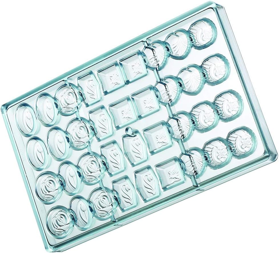 Matfer Bourgeat Polycarbonate Assortment Chocolate Mold Sheet, Round/Oval/Lonzenge, 36 cavities