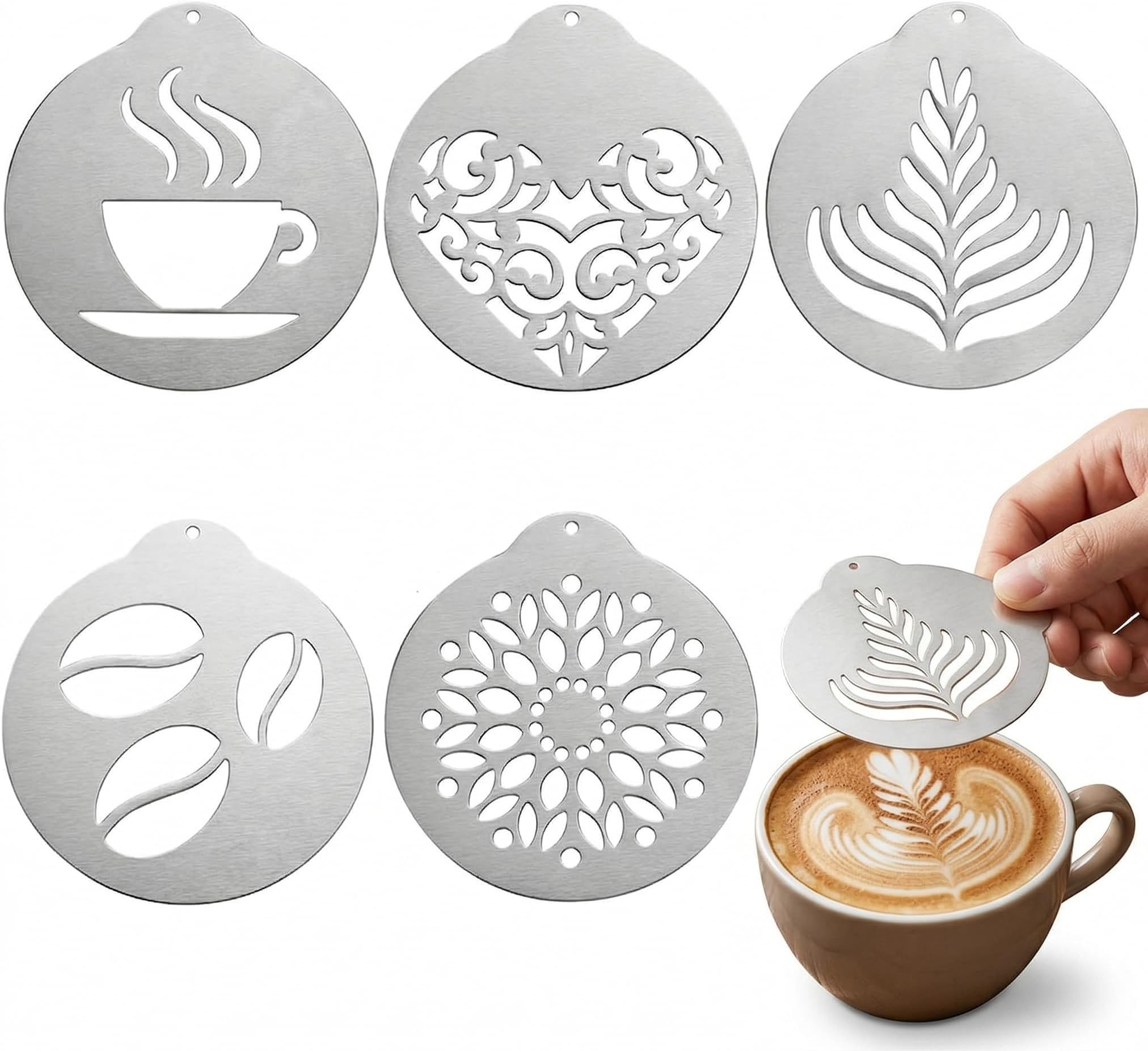 5Pcs Stainless Decorating Stencils, Metal Foam Latte Art Templates, Reusable Cappuccino Chocolate Templates Coffee Garland Mould Cake Decorating Tool