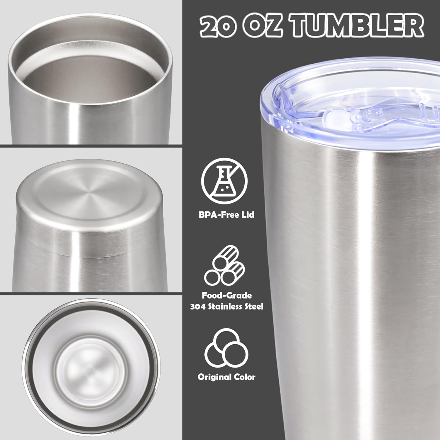 20oz Tumbler Stainless Steel Tumbler Cup with Lid Vacuum Insulated Double Wall Travel Mug, Durable Powder Coated Travel Coffee Tumbler Mug for Hot & Cold Drinks, Stainless Steel,1 Pack - Image 3