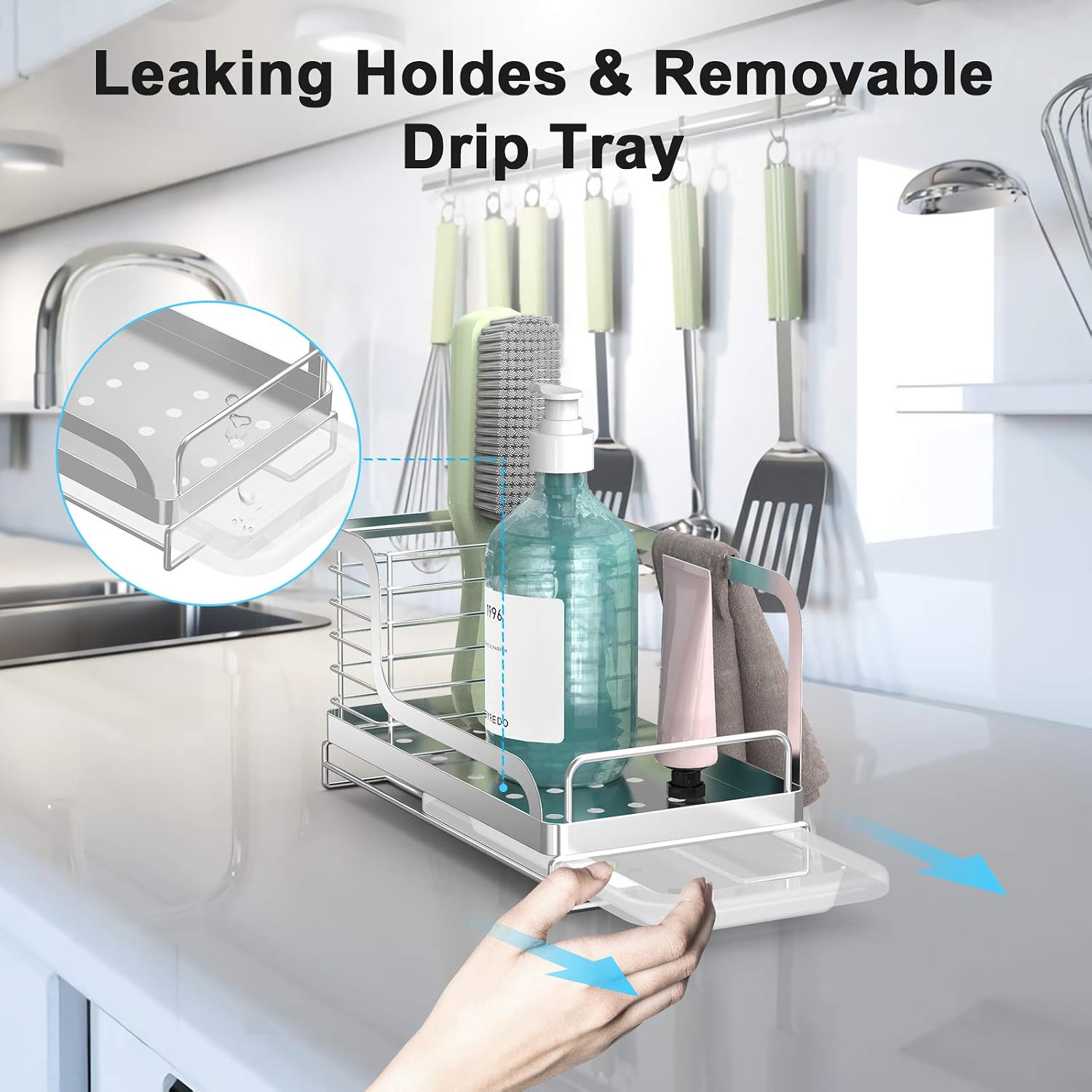 ODesign Sink Organizer Kitchen Sink Caddy Sponge Brush Holder with Drain Pan Tray Dishcloth Rack Countertop Stainless Steel Rustproof