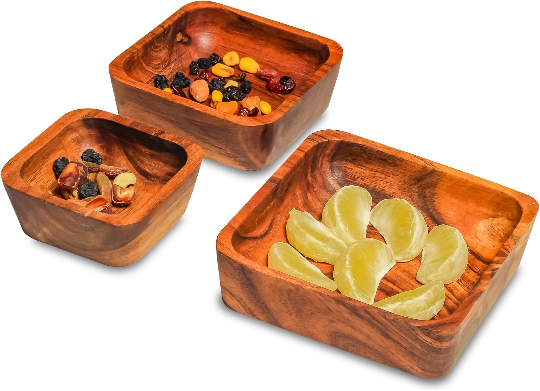 Rustic Square Wooden Bowl Set – 3 Acacia Wood Serving Dishes for Dry Fruits, Snacks, and Salads – Stylish & Durable, christmas, thanksgiving, new year