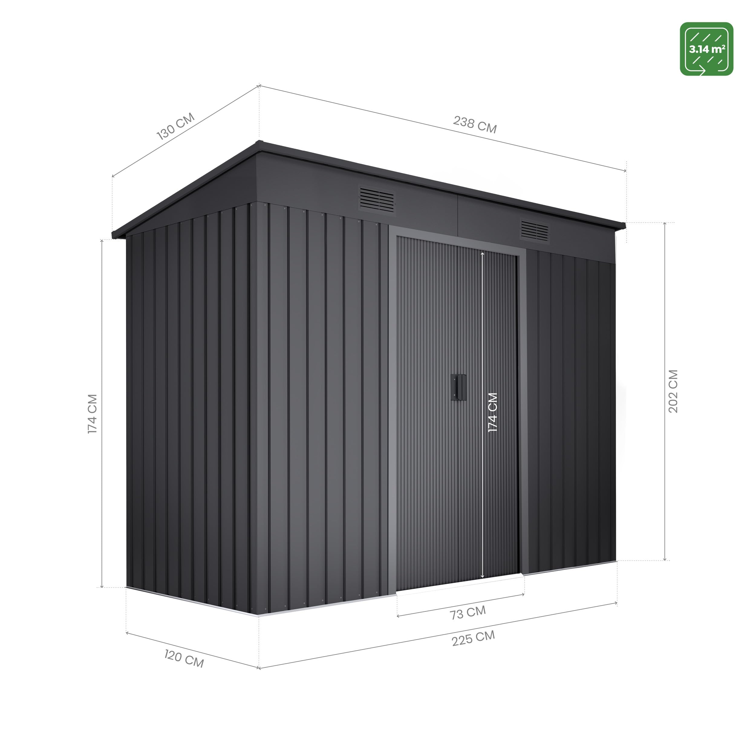 Wasabi - Gartenhaus Metall 3,14m2 Light Anthracite – 238x130x202cm - Doppelte Schiebetür - Lüftungsgitter – Flachdach - Geräteschuppen – Gerätehaus Outdoor Wetterfest - Anthrazitgrau