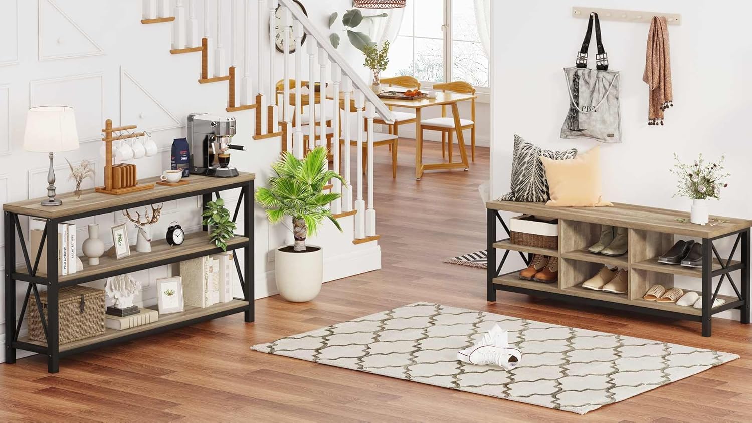 FATORRI Console Table and Shoe Bench for Entryway (Rustic Oak)