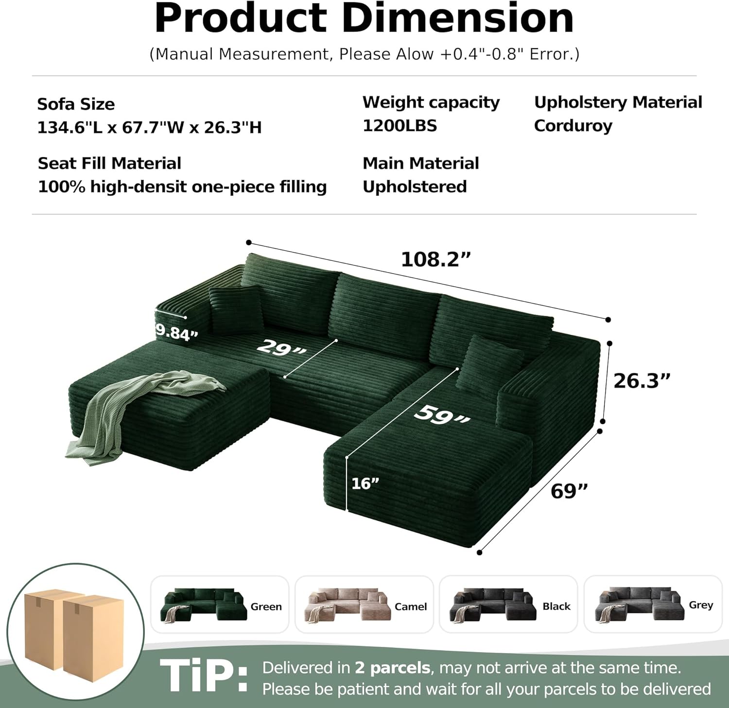 108.2" Modular Sectional Sofa with Deep Seat, Boneless U Shaped Corduroy Couch Modern Comfort, Cloud Couch Oversized for Living Room No Assembly (Green)