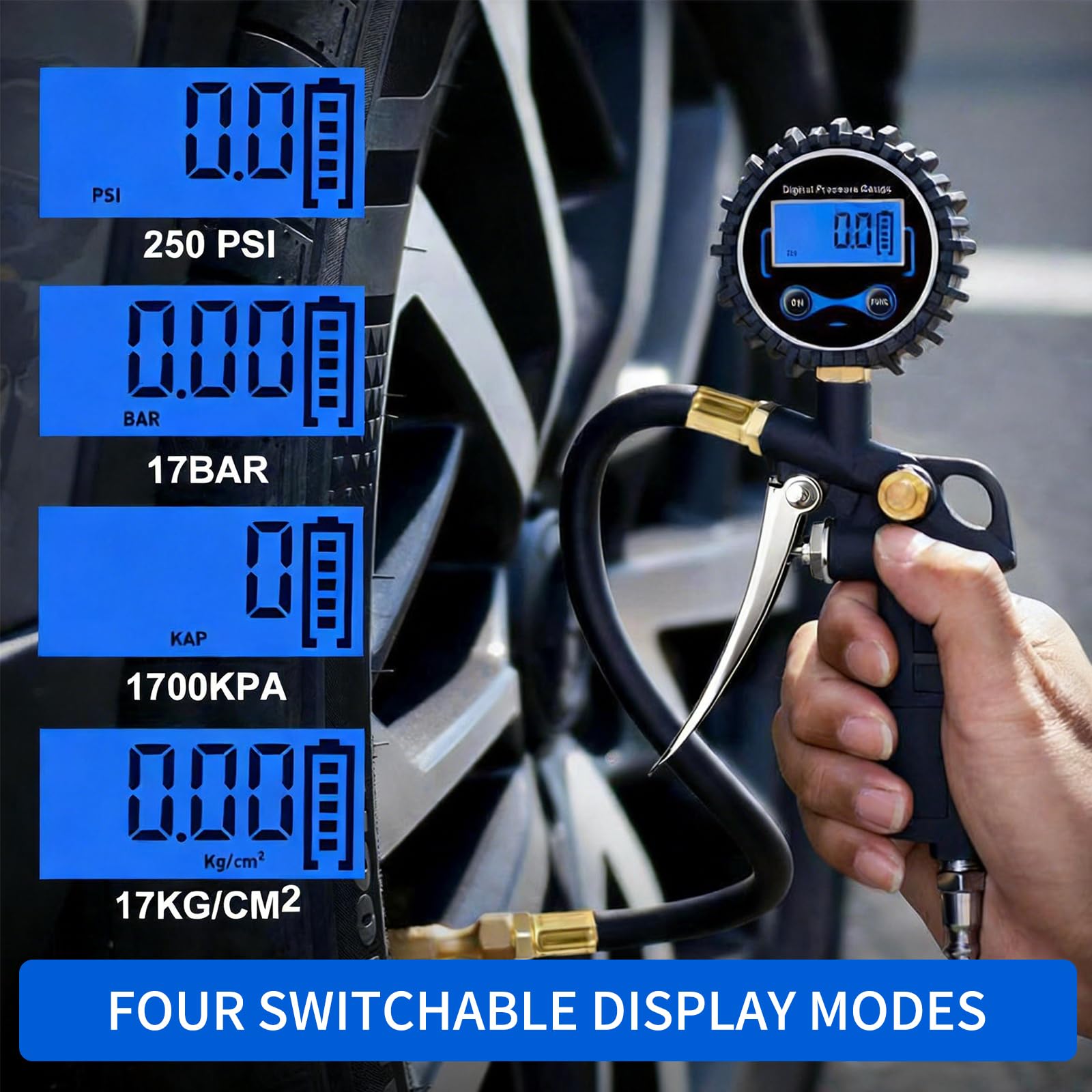 Digitaler Reifenfüller mit Manometer, 0,1 PSI hochpräziser Druckluft-Reifendruckprüfer,4 Arten der Einheitenumschaltung,Reifendruckprüfer für PKW, LKW, Motorrad, Fahrrad, Messbereich 0-250 PSI