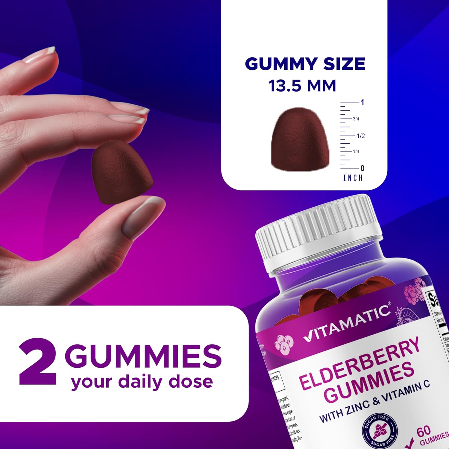 Vitamatic Elderberry Gummies with Vitamin C & Zinc – Immune Support Supplement – Mixed Berry Flavor– 60 Gummies – Made in The USA, Vegan, Non-GMO, Gluten-Free - 2 Pack