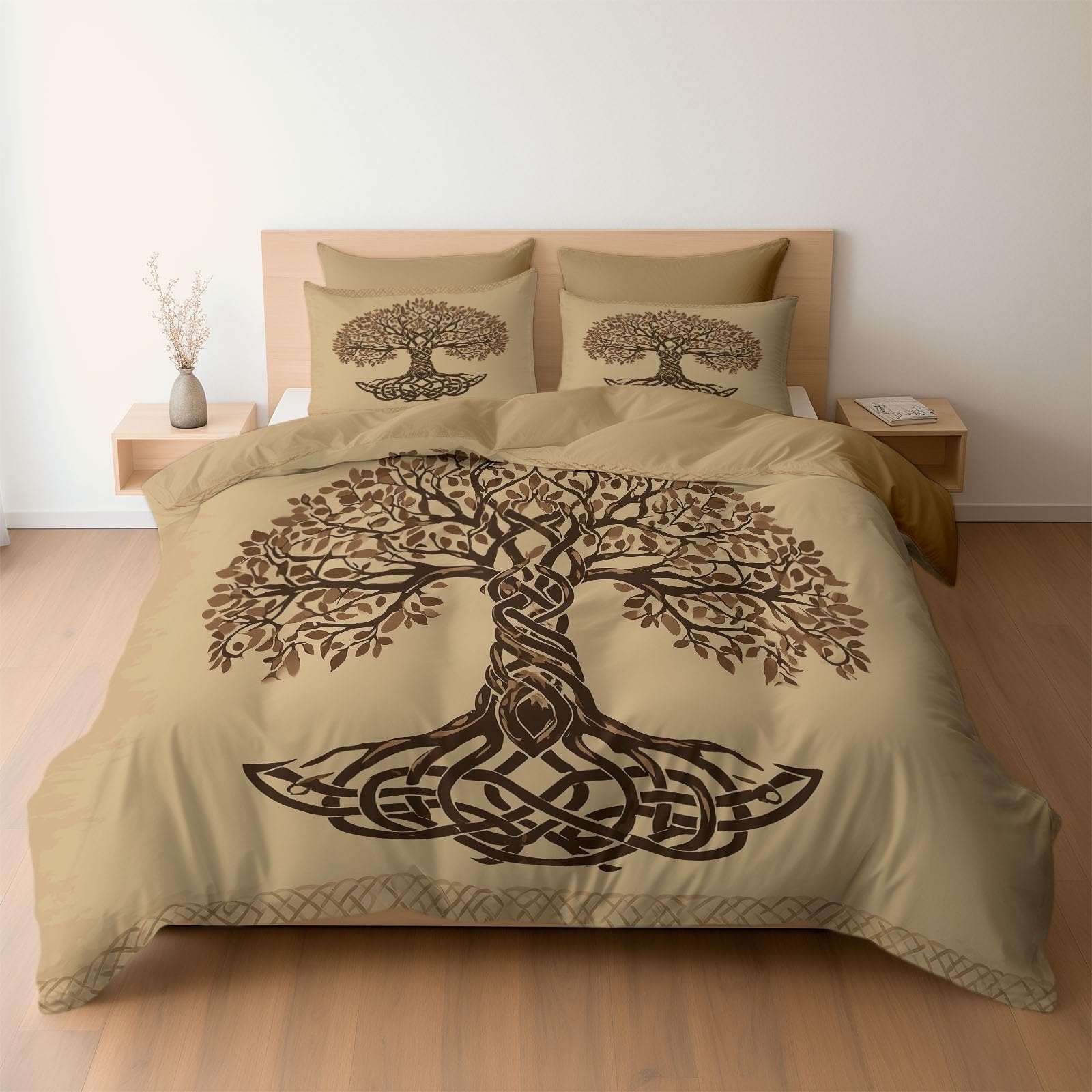 Housse de couette 200x160 cm Arbre de Vie avec 2 taies d'oreiller en microfbre kaki