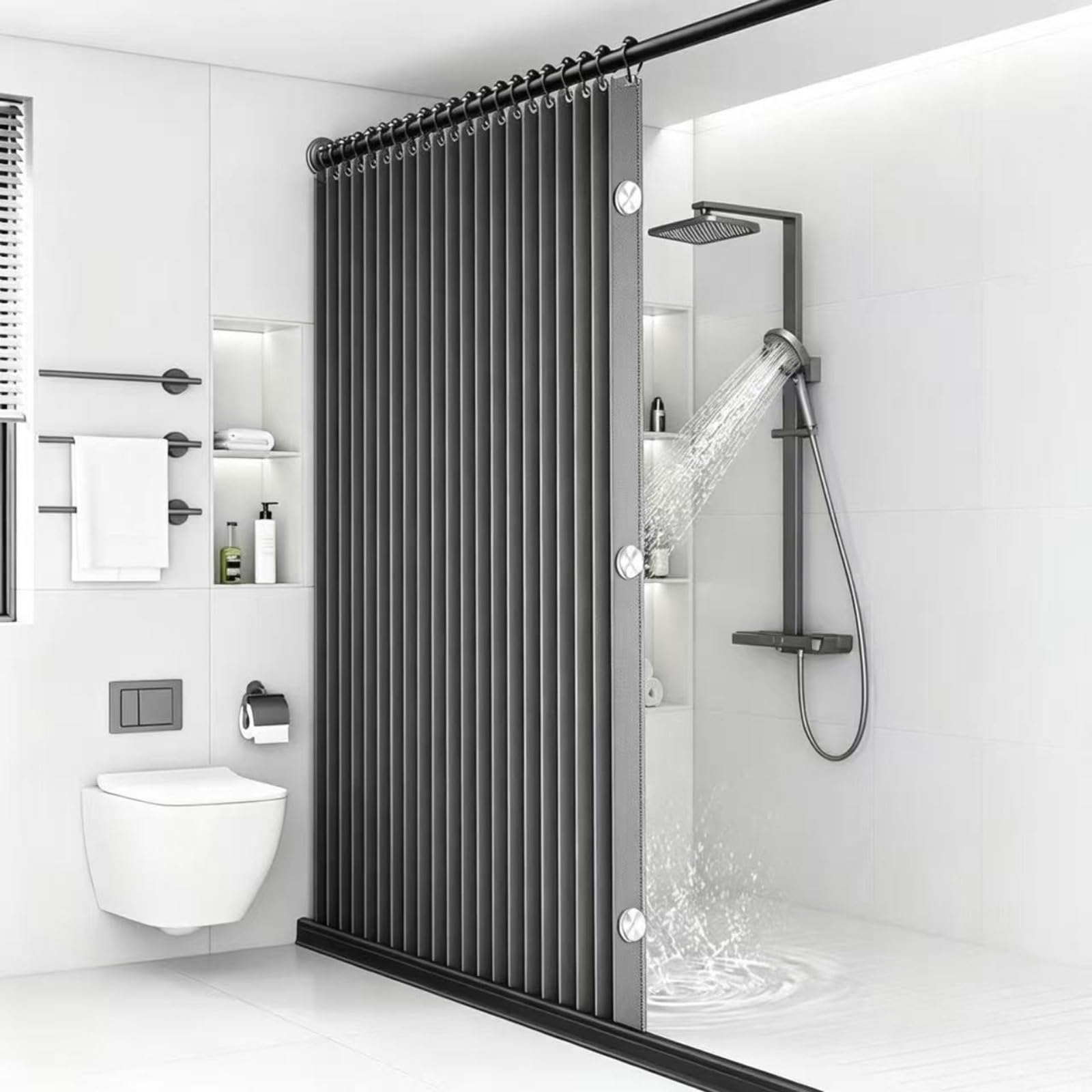 Cortina de ducha magnética plegable, poliéster impermeable, sin taladros, separación en húmedo y seco, 100-260 cm x 200 cm, plisados con memoria, ojales inoxidables, con imanes y ganchos (gris, 240 x
