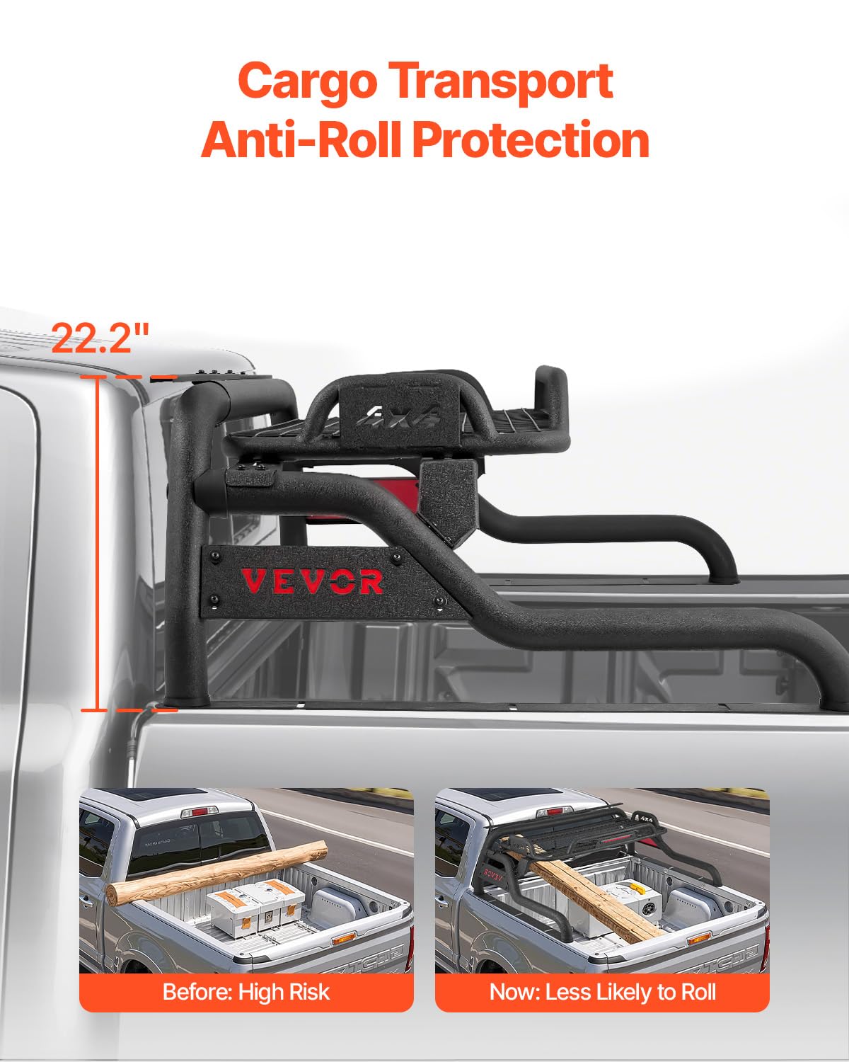 VEVOR Überrollbügel aus Karbonstahl für die Ladefläche, universeller einstellbarer (1524-1651 mm) Pickup Sport-Überrollbügel mit LED-Bremslicht für Lkws in voller Größe (mit Träger)