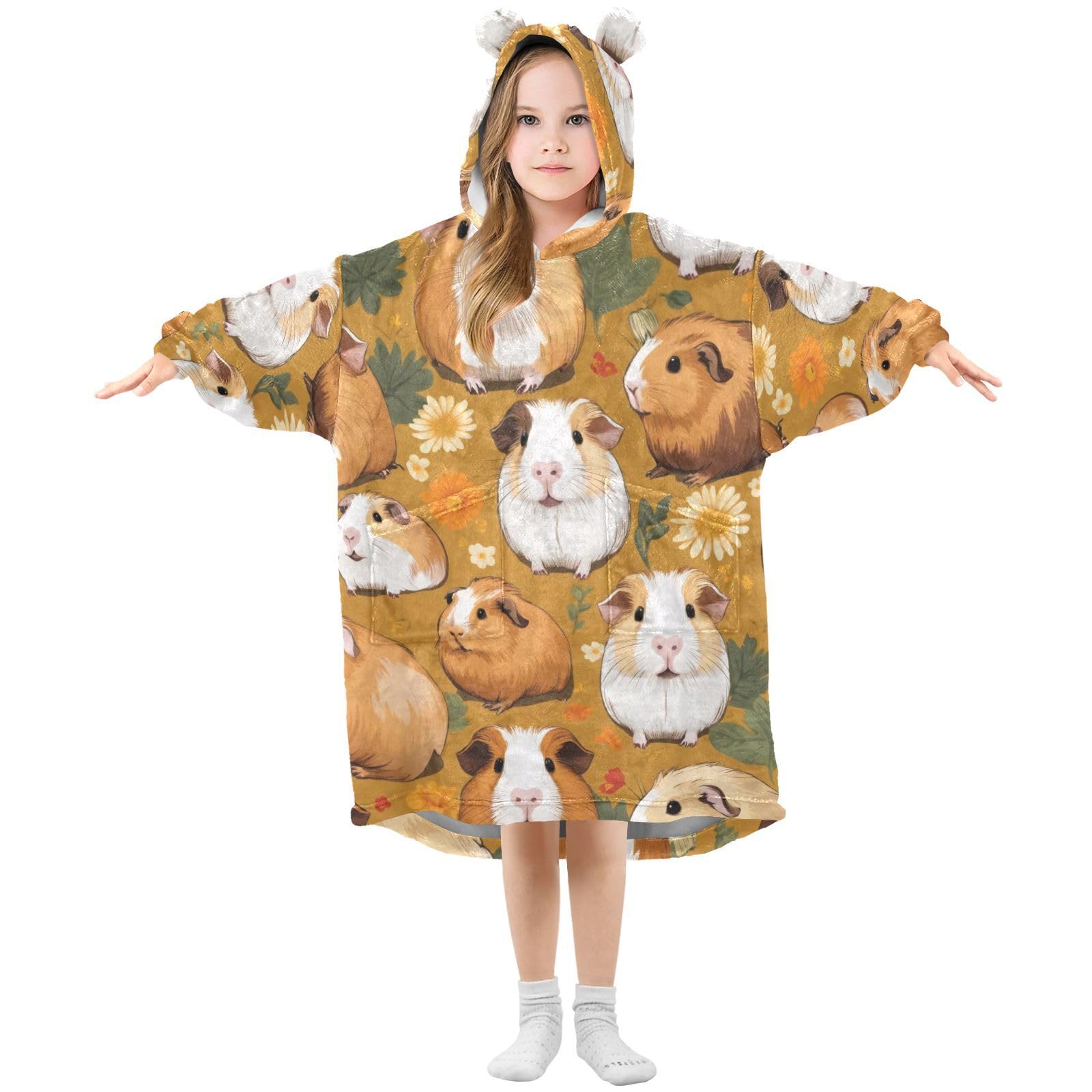 Grckit Cute Guinea Pig Kids Wearable Blanket Hoodie Soft Sherpa Fleece Oversized Sweatshirt for Boys Girls 3-14