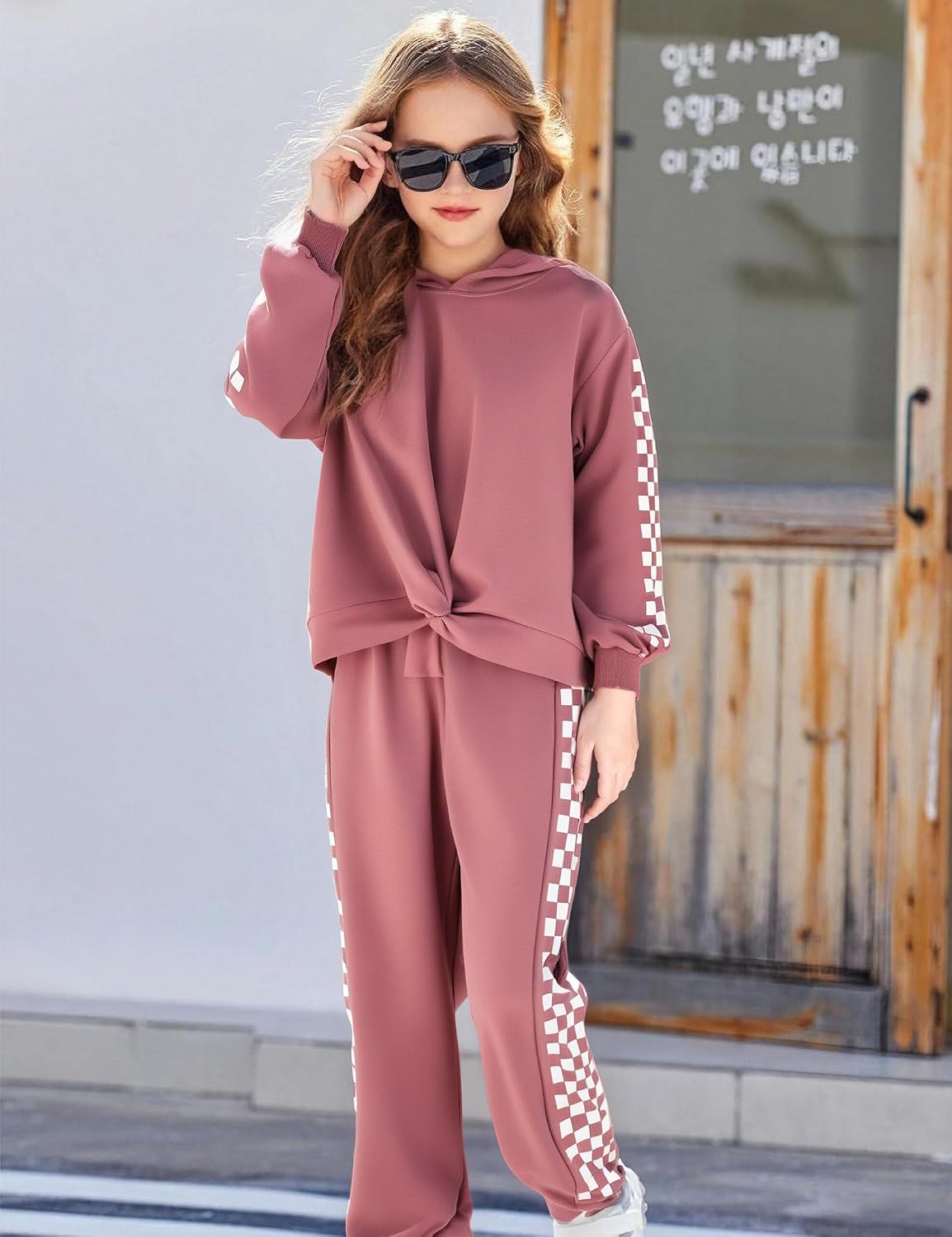 Girls 2 Piece Tracksuit Set Checkerboard Stripe Hoodie Sweatshirt and Pants Athletic Lounge Outfit 6-16Y