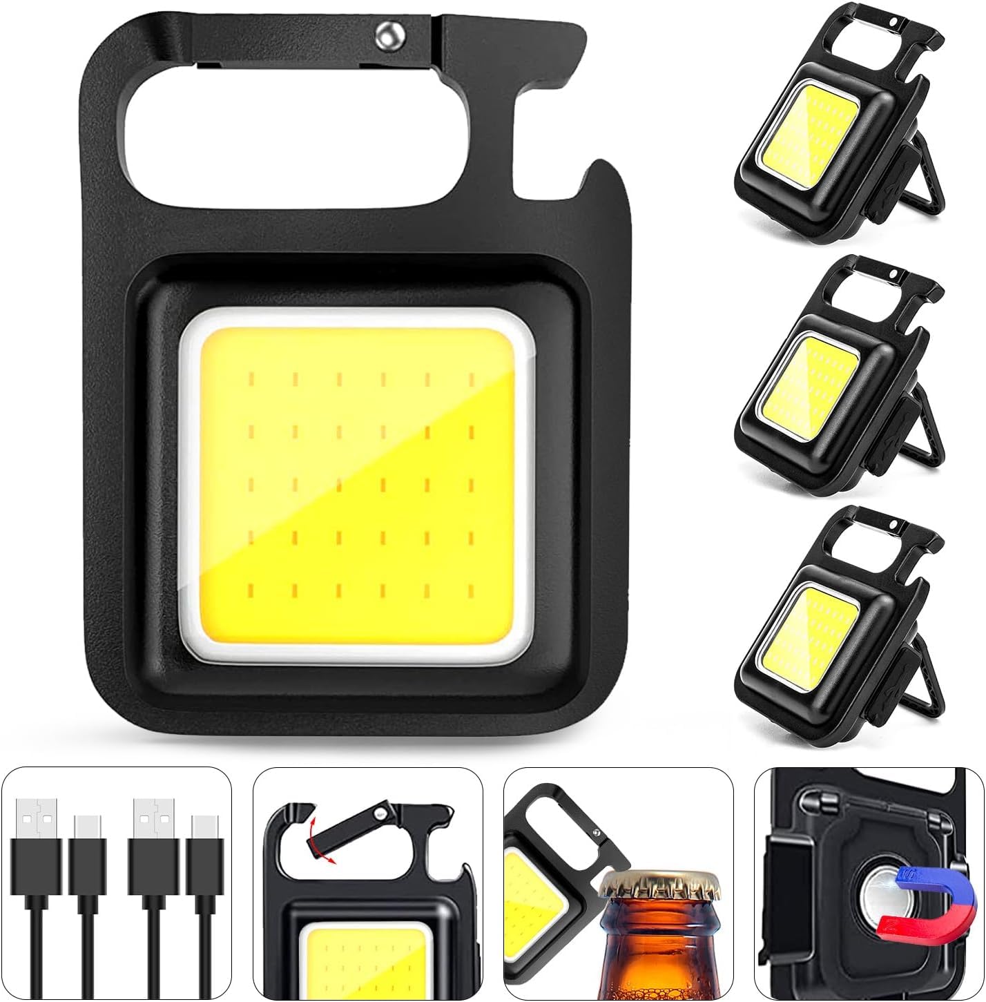 Wefly Keychain Flashlights COB MINI Work Light 3200Lumen 4 Modes Small Super Bright Emergency Lights with Folding Bracket Bottle Opener and Magnet Base for Fishing, Camping and Walking Four Packs-image-34