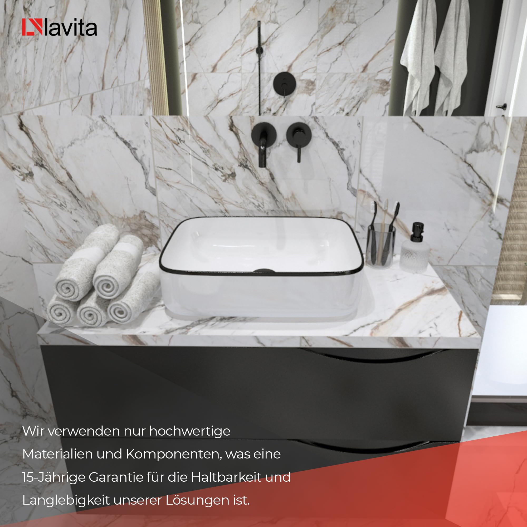 Lavita Aufsatzwaschtisch Galera Black Line Lavabo à poser Rectangulaire Lavabo sans trop-plein et trou de robinetterie En porcelaine de haute qualité Céramique de salle de bain Espace de lavage