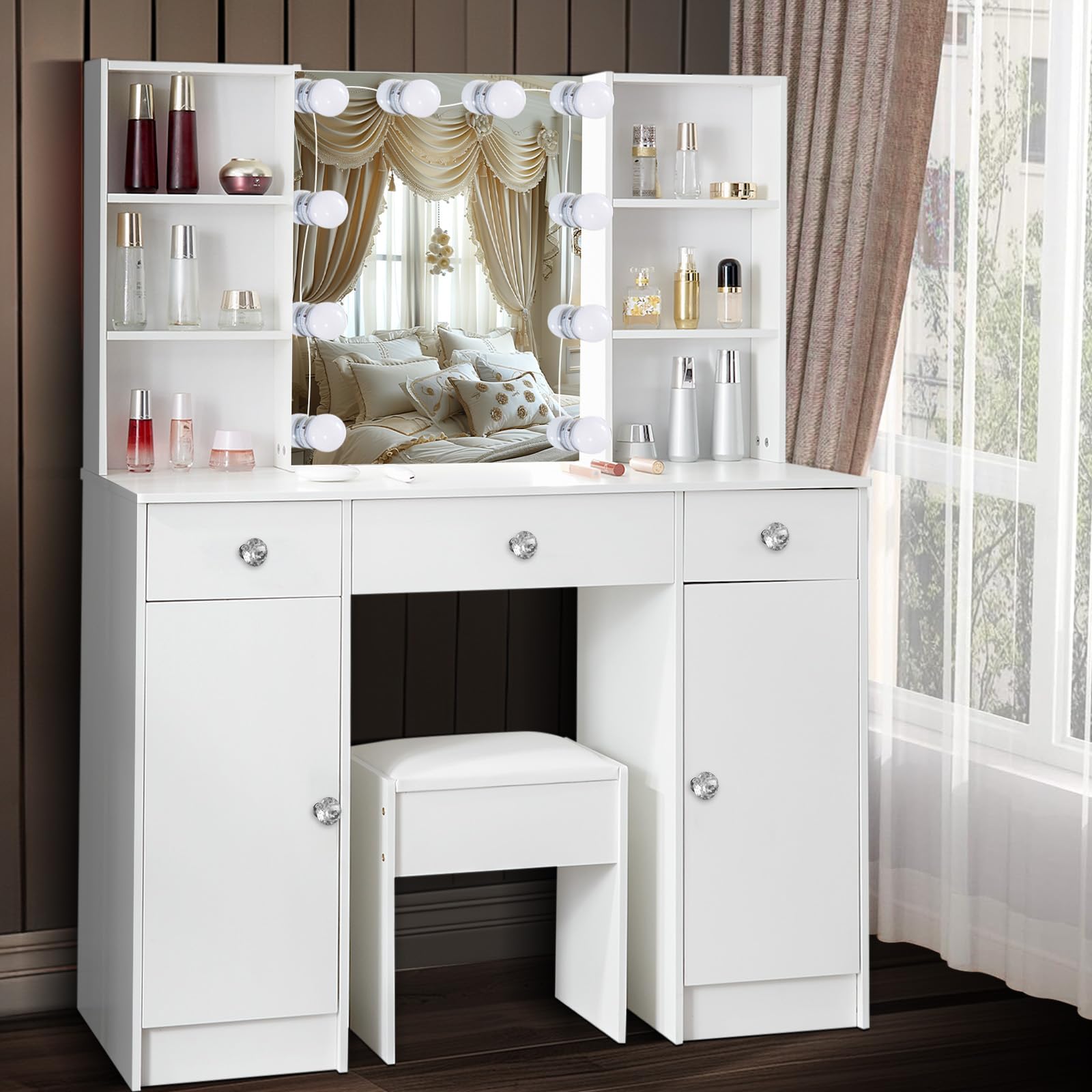 Toeletta Da Trucco BEWISHOME Con Specchio E Luci - Tavolo Con Sgabello, 5 Cassetti, Luci LED 3 Modalit&agrave;, Bianco